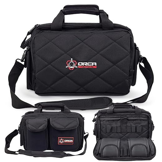 Orca Tactical Gun Range Bag – Compact Pistol Revolver Range Bag for Handguns and Ammo – Self Standing Gun Bag – Handgun Bag with Durable Double Stitching Lockable YKK Zippers