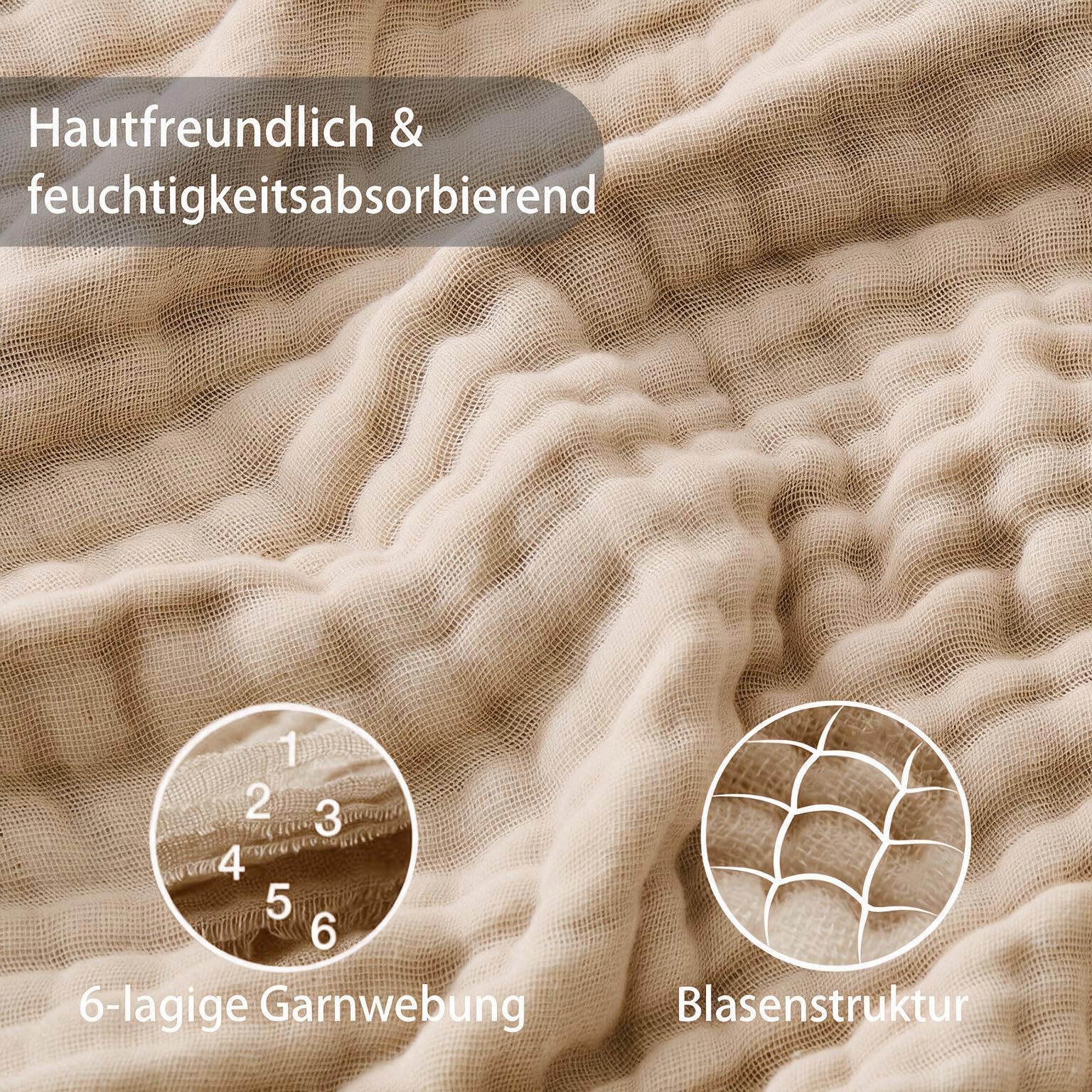 VANJOROY Musselin Tagesdecke 200x230cm-100% Baumwolle 6-Lagen Oeko-Tex Zertifizierte, Weiche Leichte Sommerdecke als Kuscheldecke, Bett-Überwurf, Baumwolldecke für Sofa und Bett. Beige
