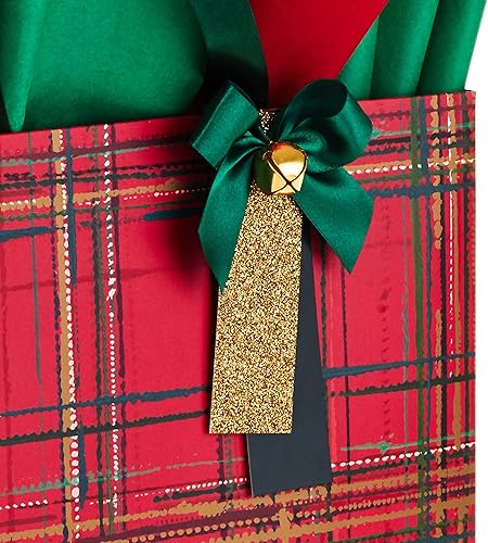 Miniatura 5 de Hallmark Signature - Bolsa cuadrada extra grande de regalo de Navidad de 12 pulgadas con papel de seda (cuadros rojos con lazo y cascabel)