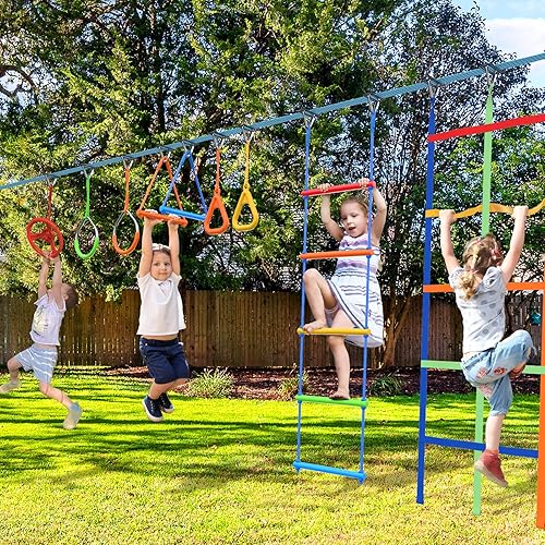 Miniatura 6 de Hapfan Carrera de obstáculos de guerrero ninja de 50 pies para niños con columpio, campo de cuerda ninja con 10 obstáculos para patio trasero
