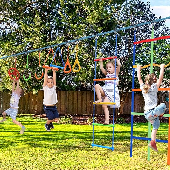 Hapfan Jungle Gym Bundle-Climbing Tower and 50ft Ninja Obstacle Course with Swing