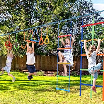 Hapfan Jungle Gym Bundle-Climbing Tower and 50ft Ninja Obstacle Course with Swing