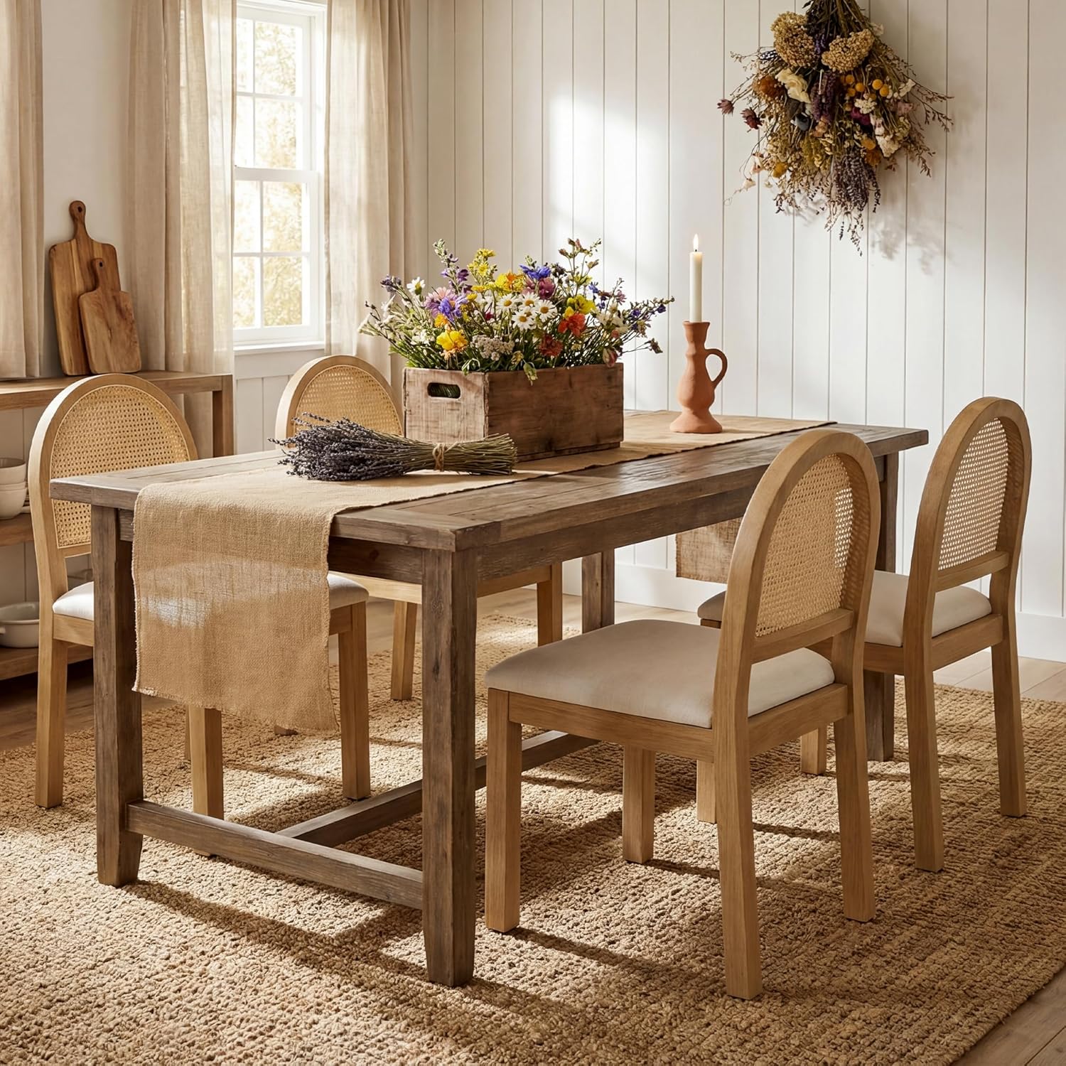 STHOUYN Upholstered Rattan Dining Chairs Set of 4, Farmhouse Solid Wood Dining Room Chair with Natural Rattan Woven Back and Chenille Seat, Mid-Century Modern Wooden Kitchen Chairs (4, Cream White)