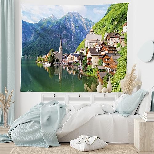 Miniatura 6 de Ambesonne Tapiz de naturaleza tamaño King, idílico Alpes pueblo pequeño por Majestic Mountain Lake Paisaje pastoral europeo, colcha colgante de