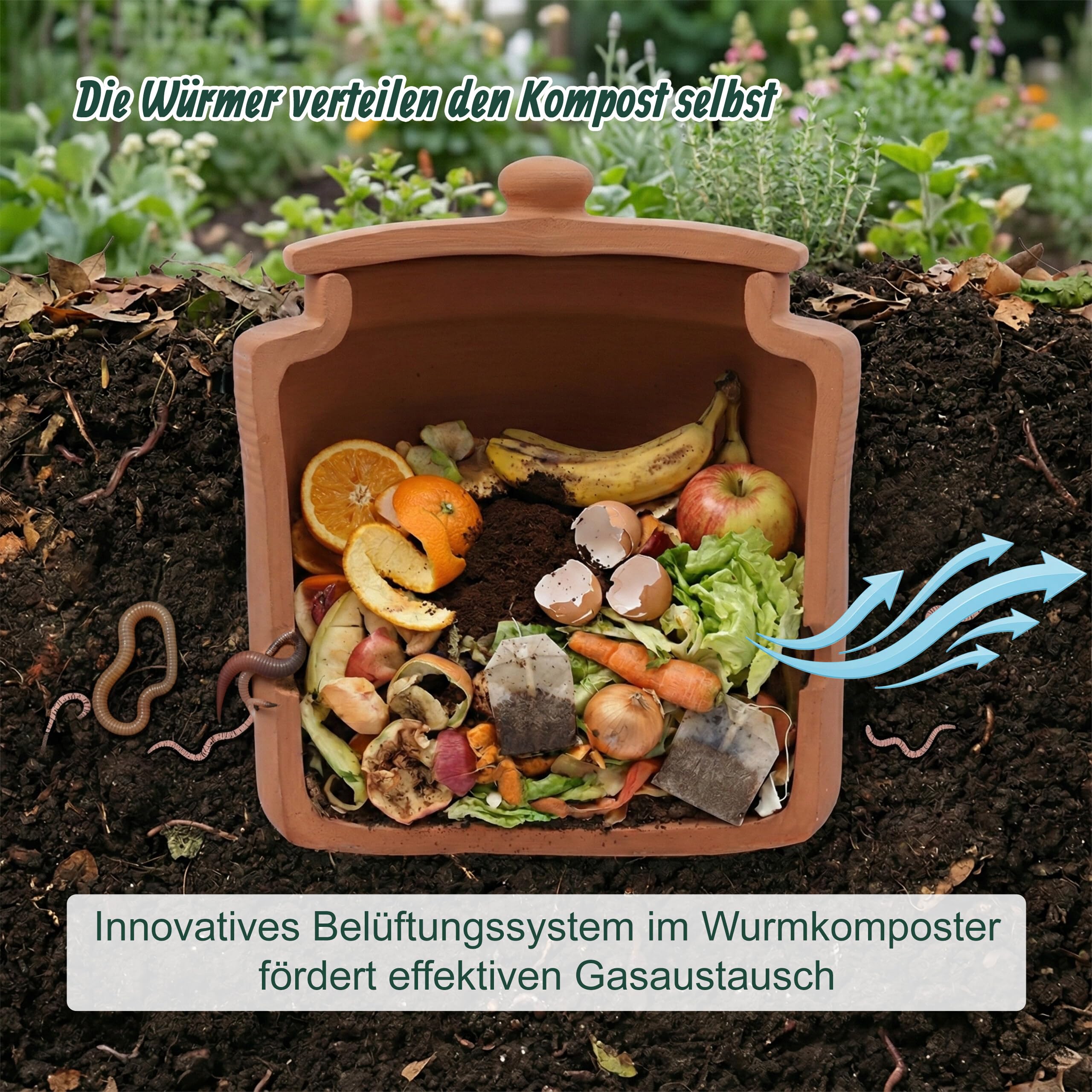 Relaxdays Wurmkomposter zum Eingraben, 1 L, Wurmturm für Küchenabfälle, Deckel, Komposter Garten & Beet, Ton, terrakotta
