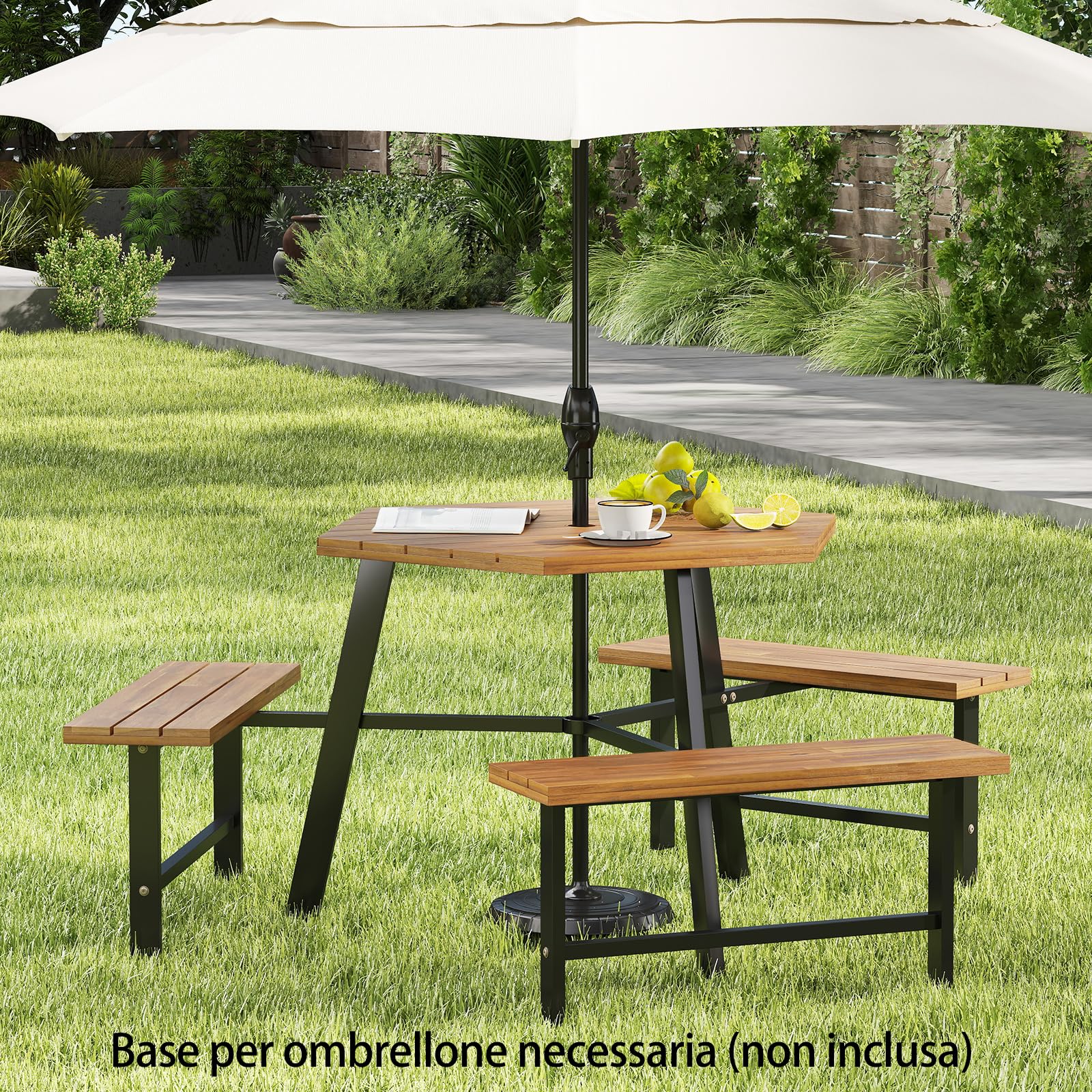 RELAX4LIFE Tavolo da Picnic per 6 Persone in Legno di Acacia con Panchine Incorporate, Set da Tavolo da Pranzo Esterno con Foro per Ombrellone e Struttura in Metallo per Patio, Giardino, Bordo Piscina