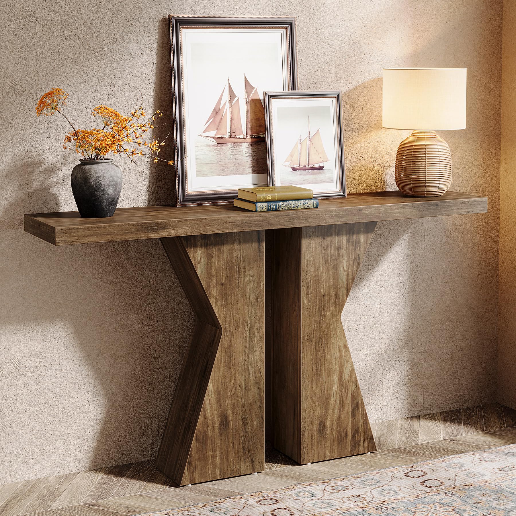 LITTLE TREE Farmhouse Console Table, 140cm Entryway Table with K-Shaped Frame, Wood Sofa Table for Entrance Living Room, Narrow Hallway Table, Rustic Brown