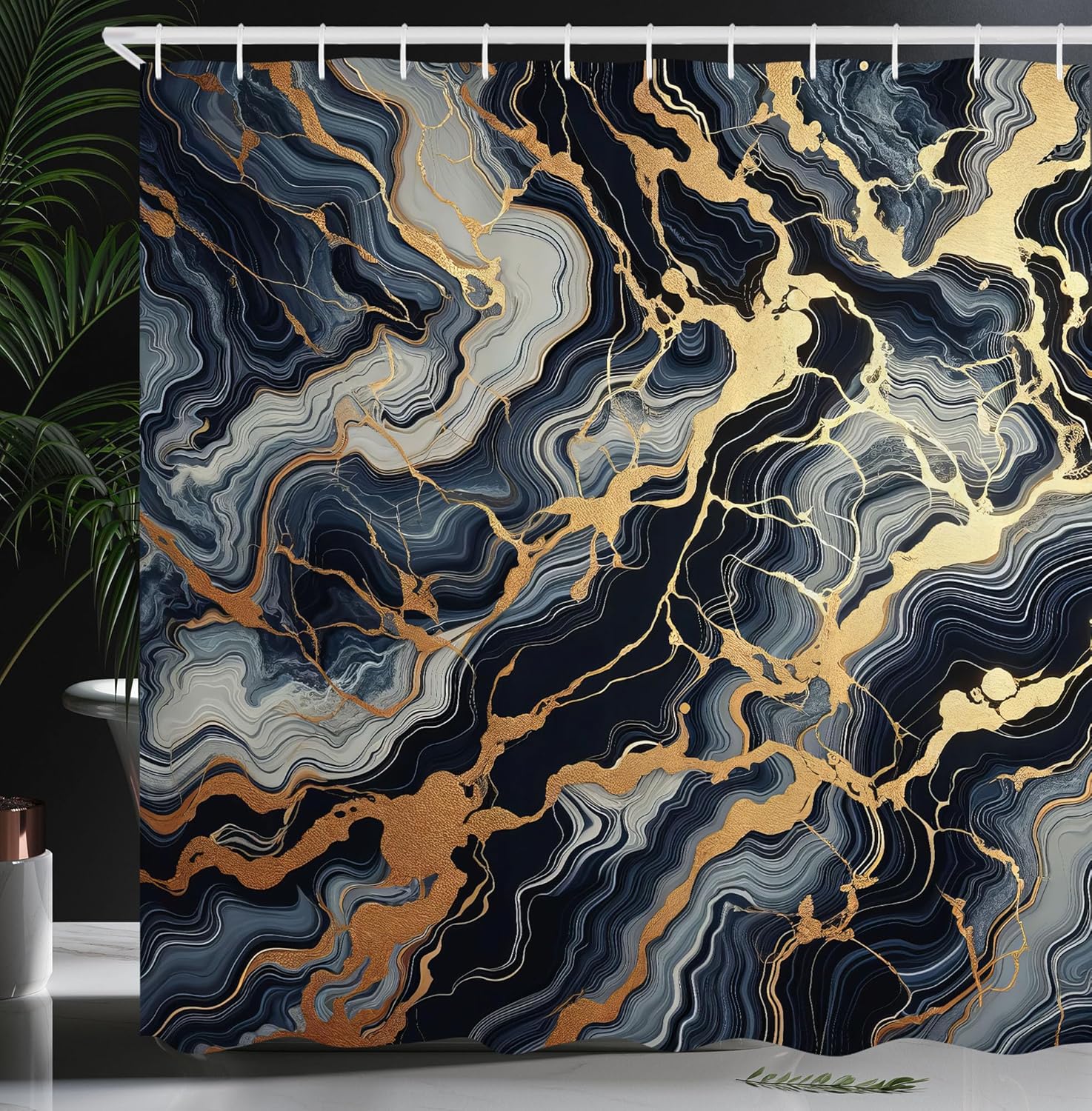 Ambesonne Navy Blue Shower Curtain, Marble Effect with Golden Yellow Lines Modern Abstract Painting Print, Cloth Fabric Bathroom Decor Set with Hooks, 69" W x 84" L, Slate Blue Grey Ginger