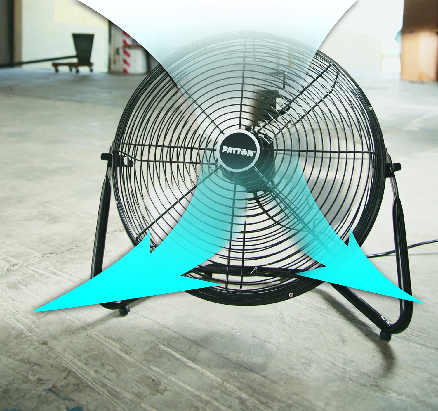 Diagram showing the Patton High Velocity Fan circulating air in a room.