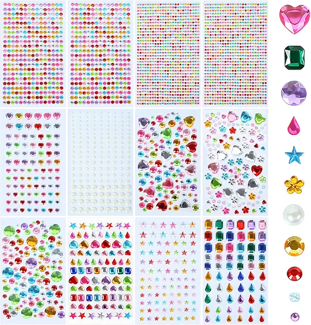 3300 Strass Autoadesivi Colorati, 12 Fogli Adesivi Glitter per Decorazioni Fai-da-Te