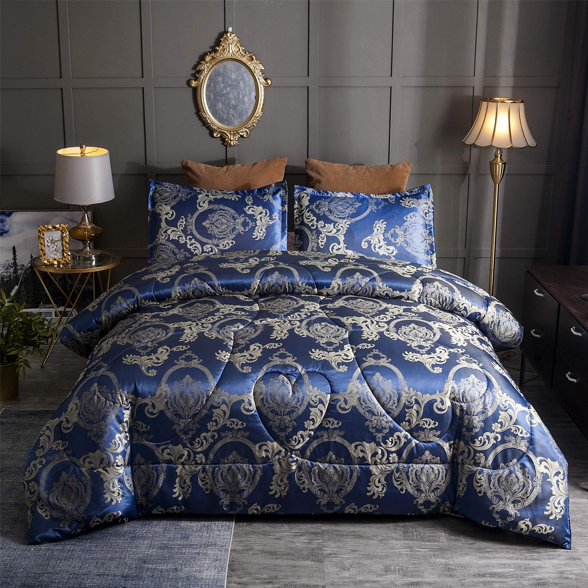 King Comforter Set Silk Blanket All Season Bed Comforter King Set Royal Blue Jacquard Quilt Soft Microfiber Bedding Sets Matching 2 Pillow Shams(King, 104x90 inches)