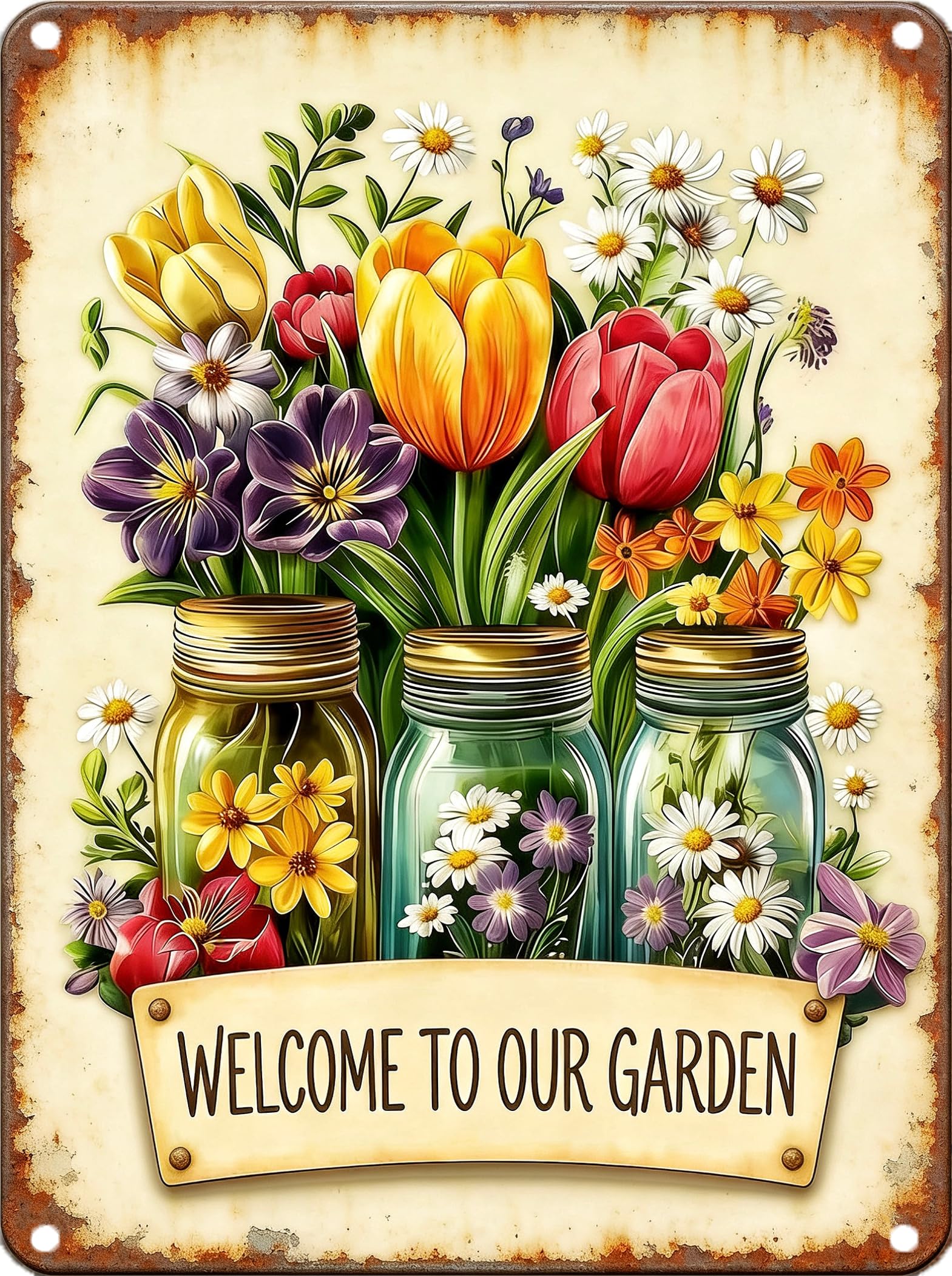 Welcome To Our Garden Metal Sign,Floral Mason Jar Tin Signs,Gardening Gifts for Women,Funny Metal Signs for Yard,Patio Decor,Outdoor Garden Decor 8x12 Inch