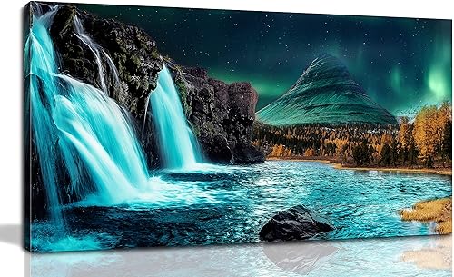 THRLVEART Lienzo decorativo de pared en cascada grande Decoración de sala de estar verde azulado Luces del norte, arte de pared moderno para el