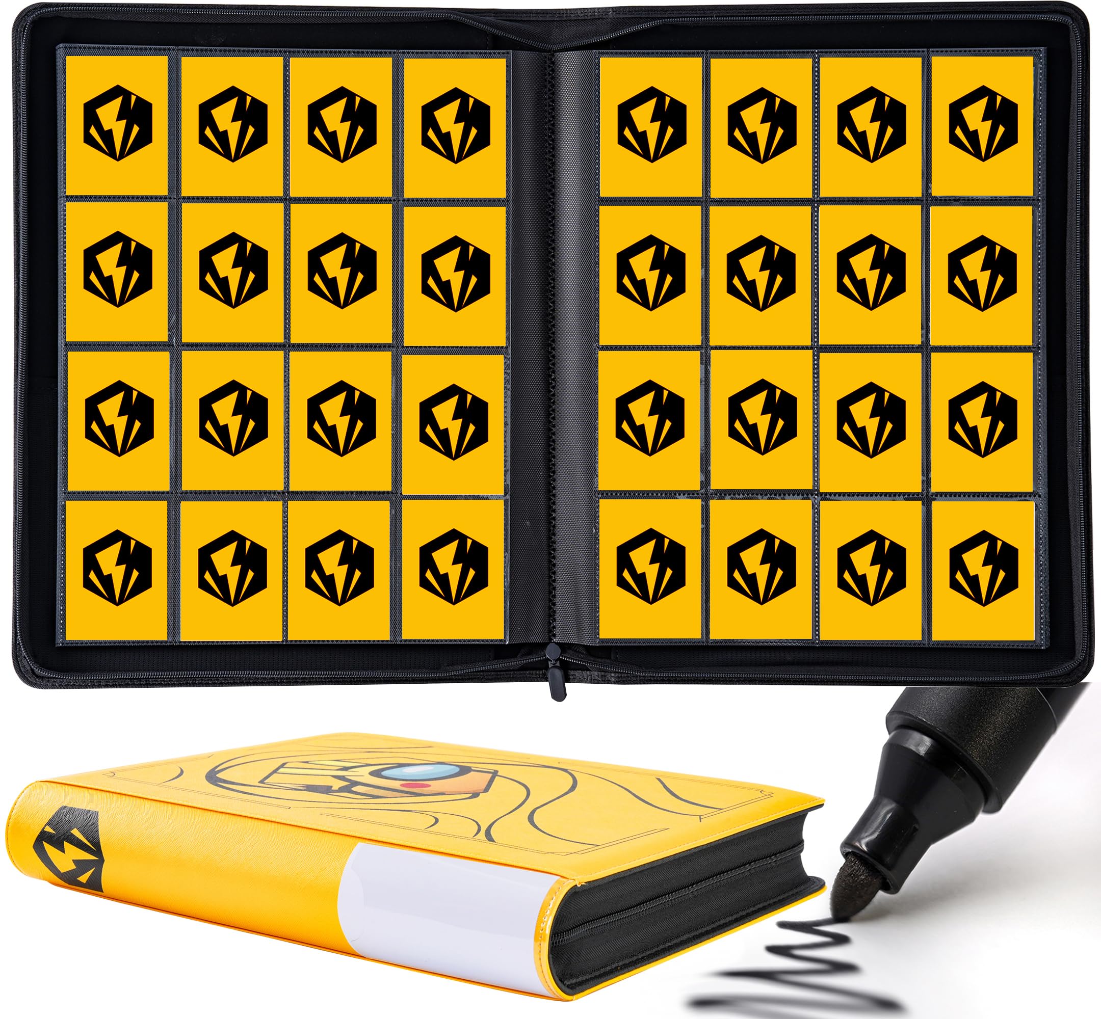 Raccoglitore per carte con 16 tasche, contiene 1024 carte, 4 x 4 raccoglitore ad anelli con maniche per carte collezionabili (modello P161024, giallo oro)