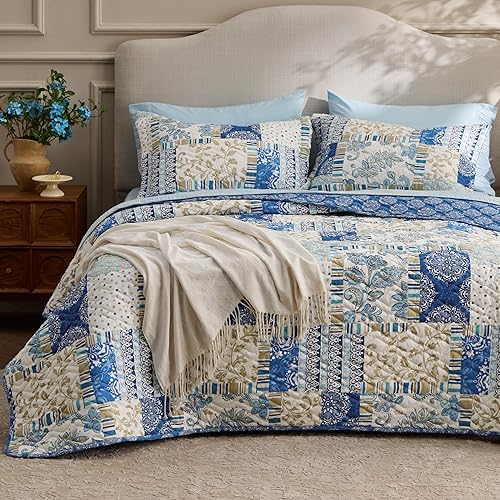 Bedsure Colchas de retazos tamaño Queen – Edredón reversible floral azul tamaño Queen, colcha ligera de primavera, ropa de cama acolchada bohemia,