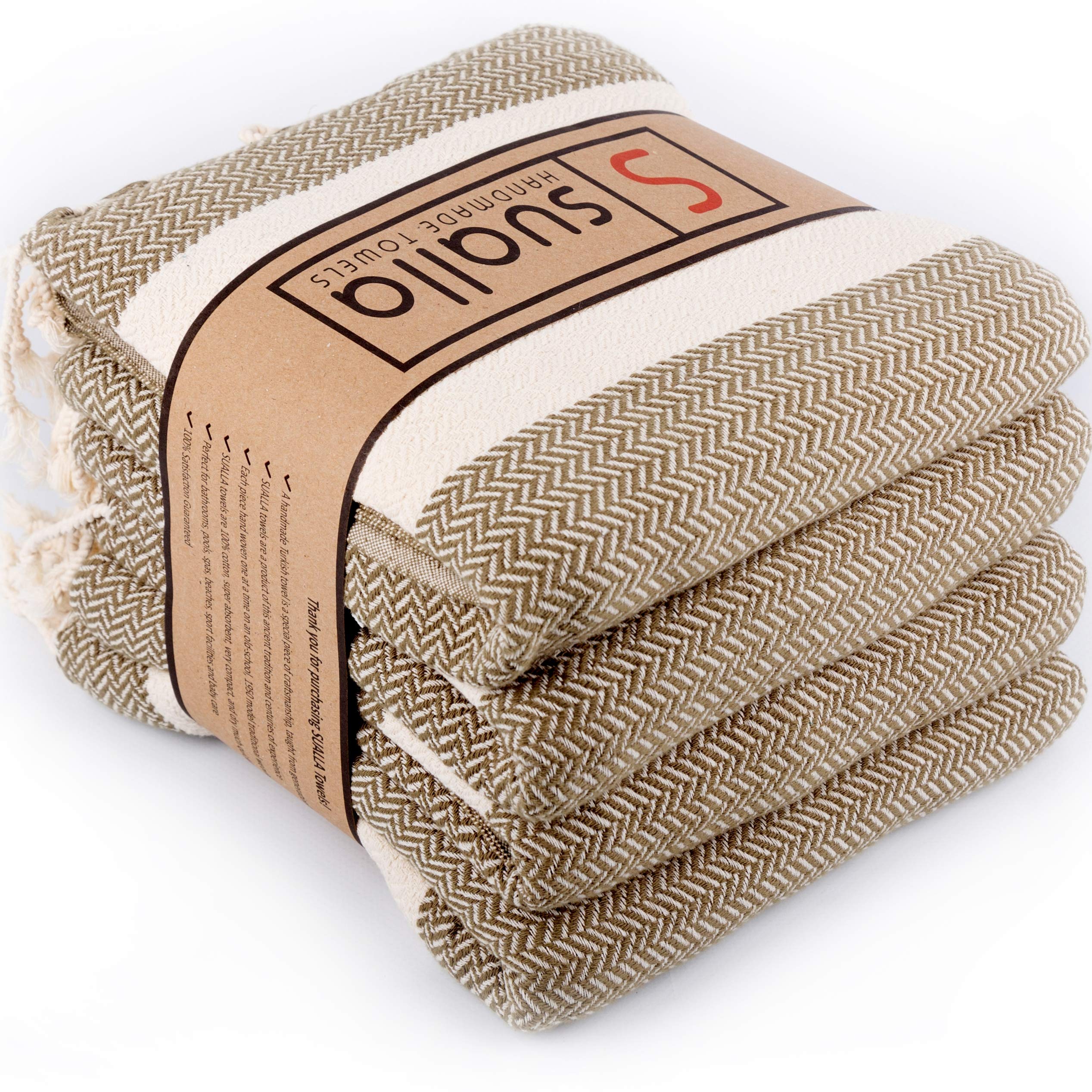 Sualla 100% Cotton - Buldan Turkish Towel - Bath Towels Beach Towel - Beach Blanket Throw Blanket - Travel Blanket Handloom Weave Peshtemal -36X69 Inches, Olive Green (Set of 4)