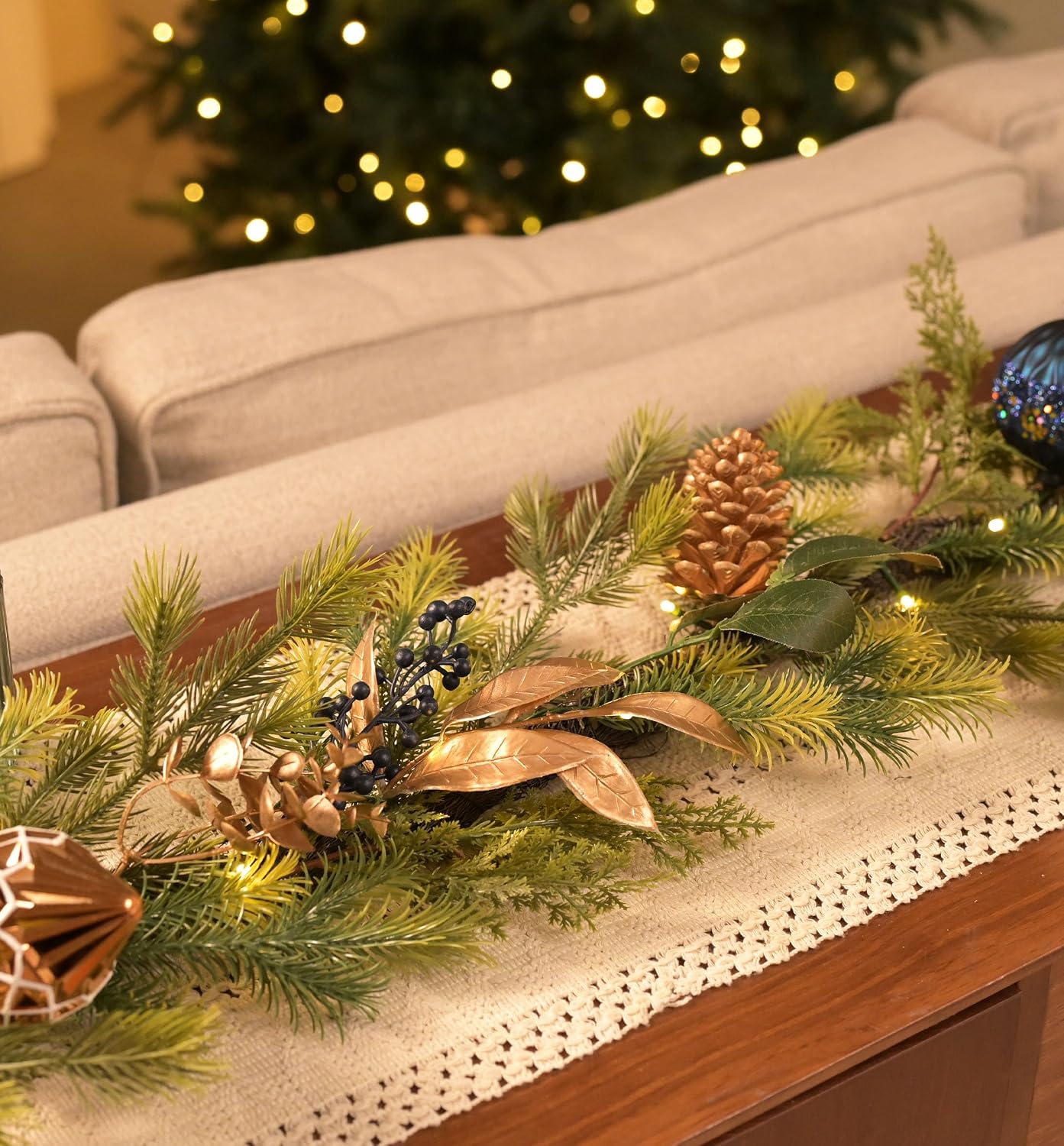 DecorbyHannah Christmas Garland with Lights, 9Ft Prelit Christmas Garland for Mantle, Stairs Railing, Lighted Xmas Garlands with Pine Cone, Bow Ornaments for Home Outdoor Decor(Blue Copper)