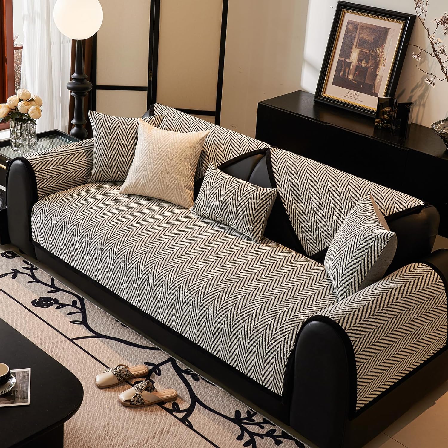 vctops Black and White Stripe Couch Cover Farmhouse Chenille Sofa Covers Soft Cozy Non Slip Sectional Couch Cover Washable Sofa Slipceover for Dogs, Pets Furniture Protector (Black,36"x82")