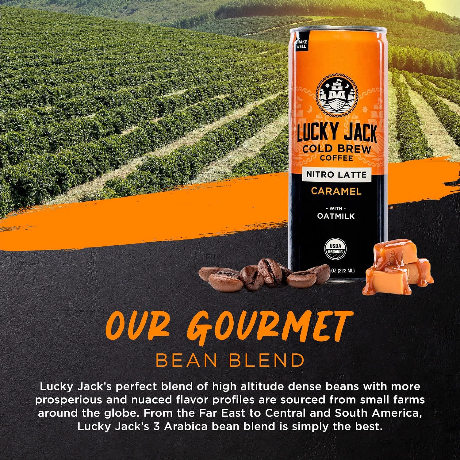 Lucky Jack Cold Brew Coffee Caramel - Draft Pour Nitro Latte w/Oat Milk, 130mg Caffeine Per Serving - Gluten Free, Nut Free, Kosher & USDA Certified Organic - (12 Pack, 7.5oz Cans)