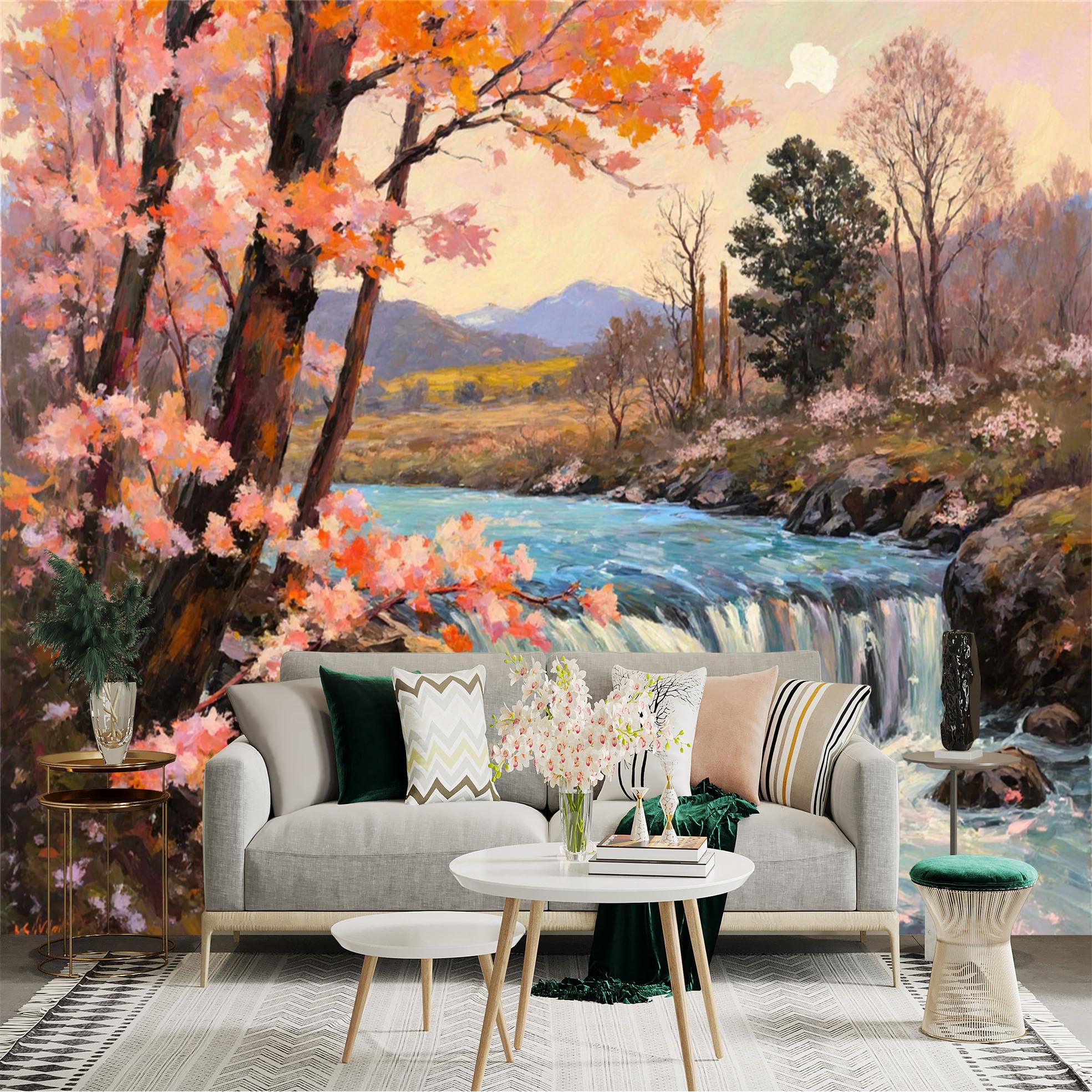 Lnzczhyre Xc260505722 Custom Size Wall Sticker Mural， Impressionist Autumn Landscape， Flowing River With Waterfall， Golden Foliage And Scenic Valley， For Wall Decoration， Peelandstick Wall Decals.