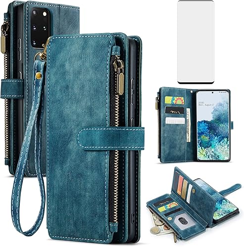 Asuwish Funda de teléfono para Samsung Galaxy S20 Plus Glaxay S20+ 5G Funda tipo cartera y protector de pantalla de vidrio templado, soporte para