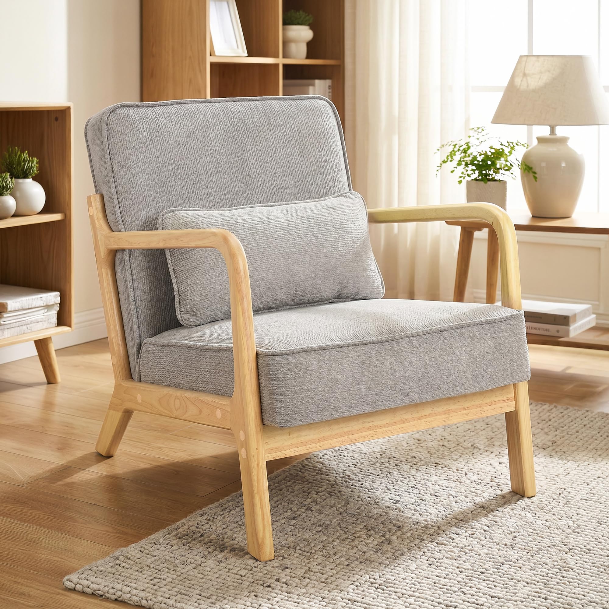 ROCSUMOO Accent Chair with Solid Wood Frame, Armchair with Chenille Thick Cushion and Lumbar Pillow, Mid Century Lounge Reading Chair with Wide Arms for Living Room Bedroom Guest Room, Light Gray