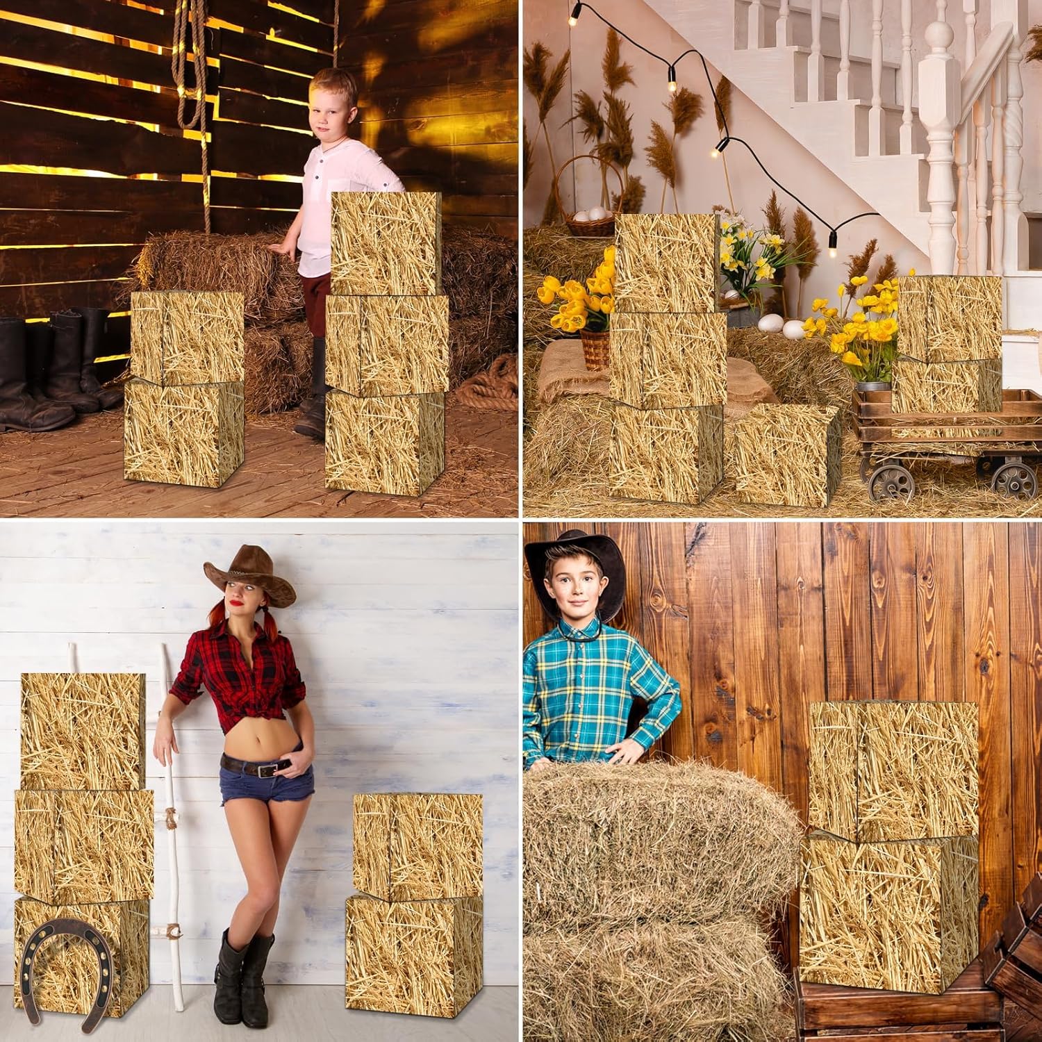 YLOLUL 12 Pcs Hay Bales Boxes Large Decor Bulk Western Cowboy Party Decorations Wild West Photo Booth Props for Western Rodeo Cowboy Party Birthday Favors Farm Supplies (12 Pcs Straw)