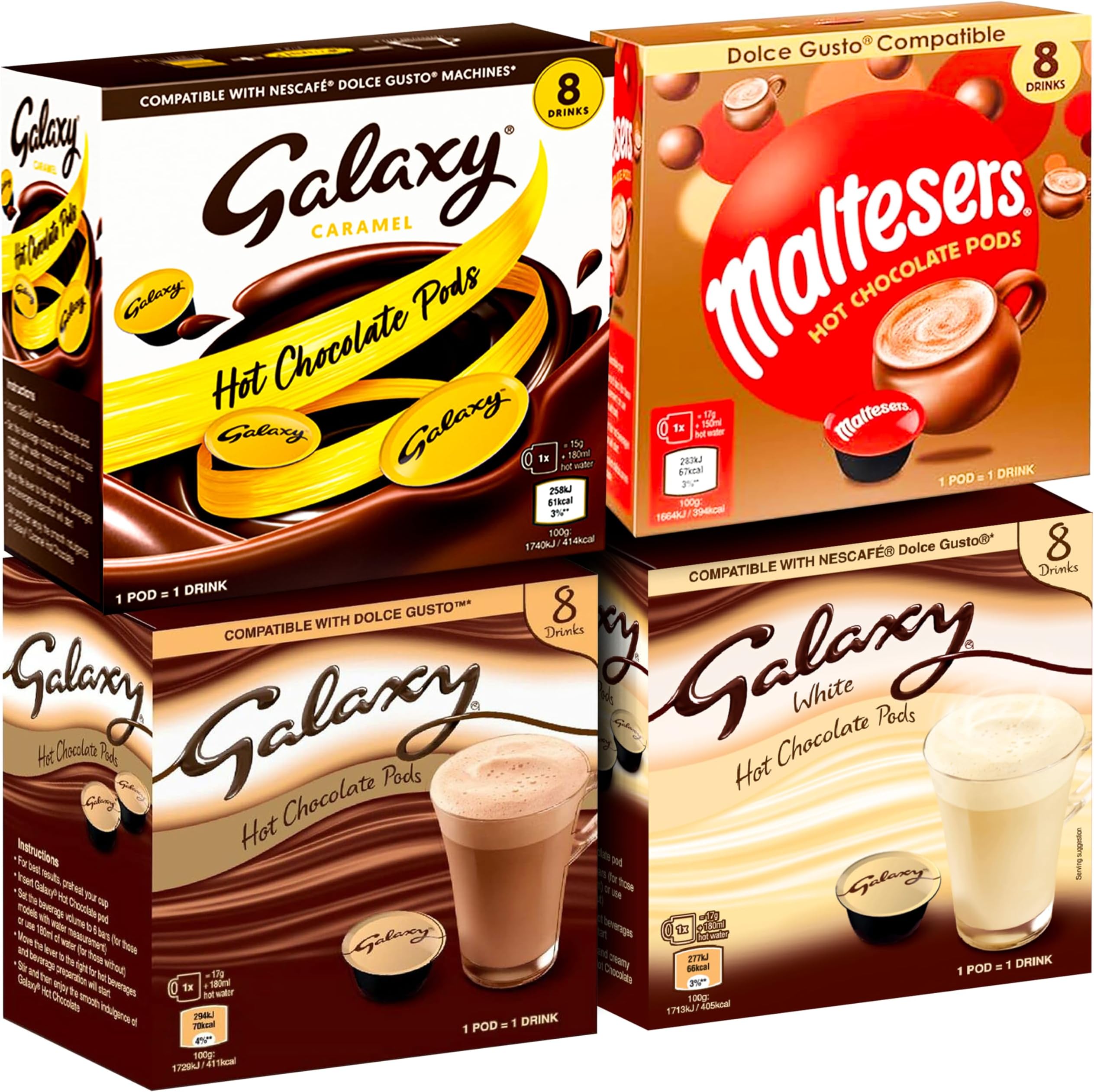 Galaxy Hot Chocolate Pods Bundle | Dolce Gusto Compatible Chocolate Capsules - 2x Galaxy Hot Chocolate 2x Galaxy Caramel 2x Galaxy Orange - 48 Pods
