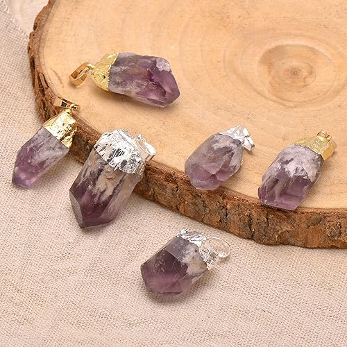 Miniatura 2 de Natural Healing Crystal Purple Amethyst Rough Stone Pendant Necklace, White Gold Tone