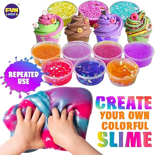 Miniatura 6 de FunKidz - Kit de 33 tazas de slime jumbo para niños, paquete de slime prefabricado para bricolaje, suave, nube, transparente, mantequilla,