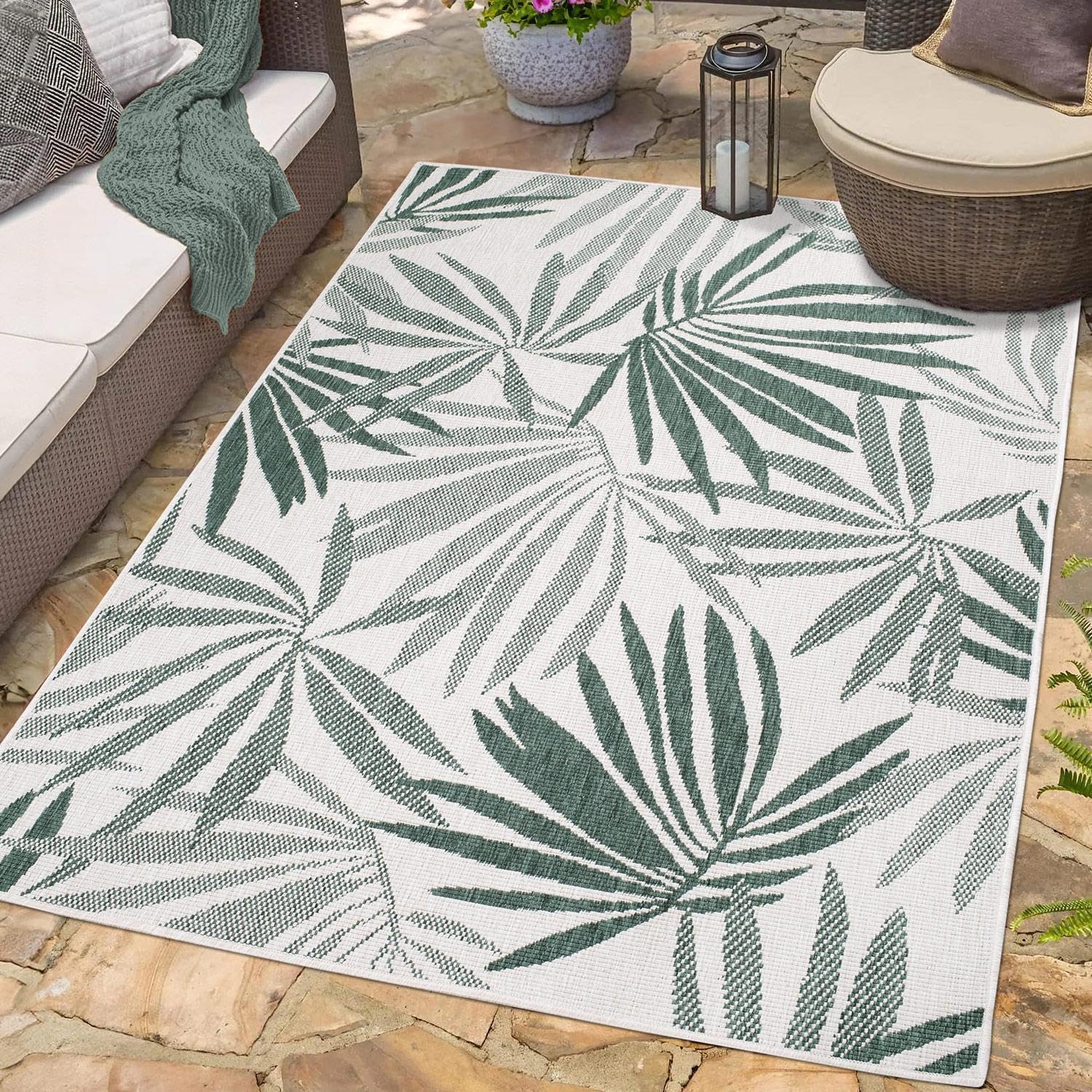 carpet city Outdoor Teppich Wetterfest 200x290 cm - Creme-Grün - Wendeteppich, Beidseitiges Florales Muster - Balkonteppich Wasserfest Outdoor - Terrassenteppich