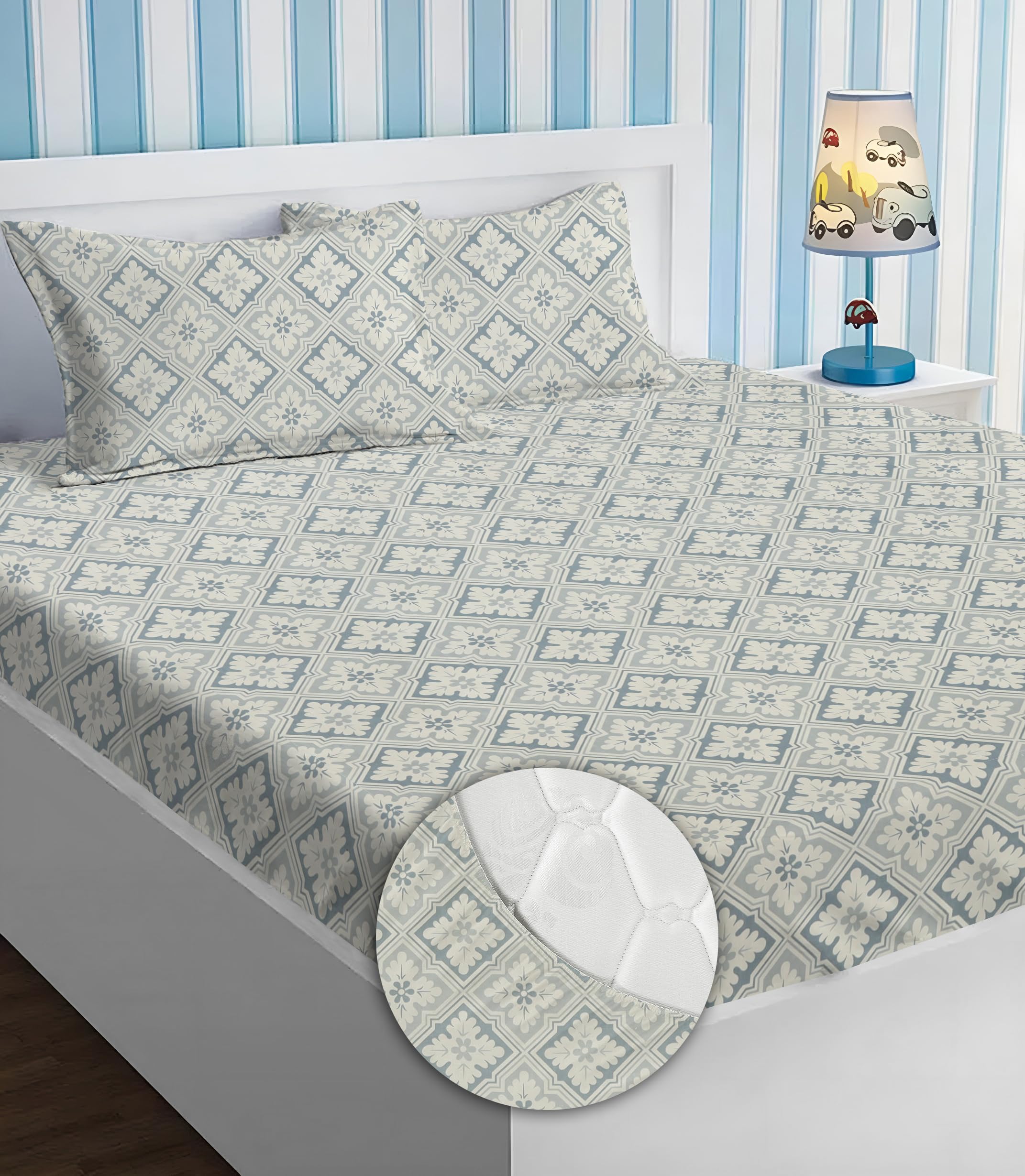 BSB HOME Premium Cotton All Round Elastic Fitted Bedsheets for Double Bed with 2 King Size Pillow Covers 220tc Supersoft |Wrinkel Free Bed Cover Size - 72 x 78 +10 inches | White & Grey| TC - 220 (B0D32ZP83X) Amazon Price History, Amazon Price Tracker