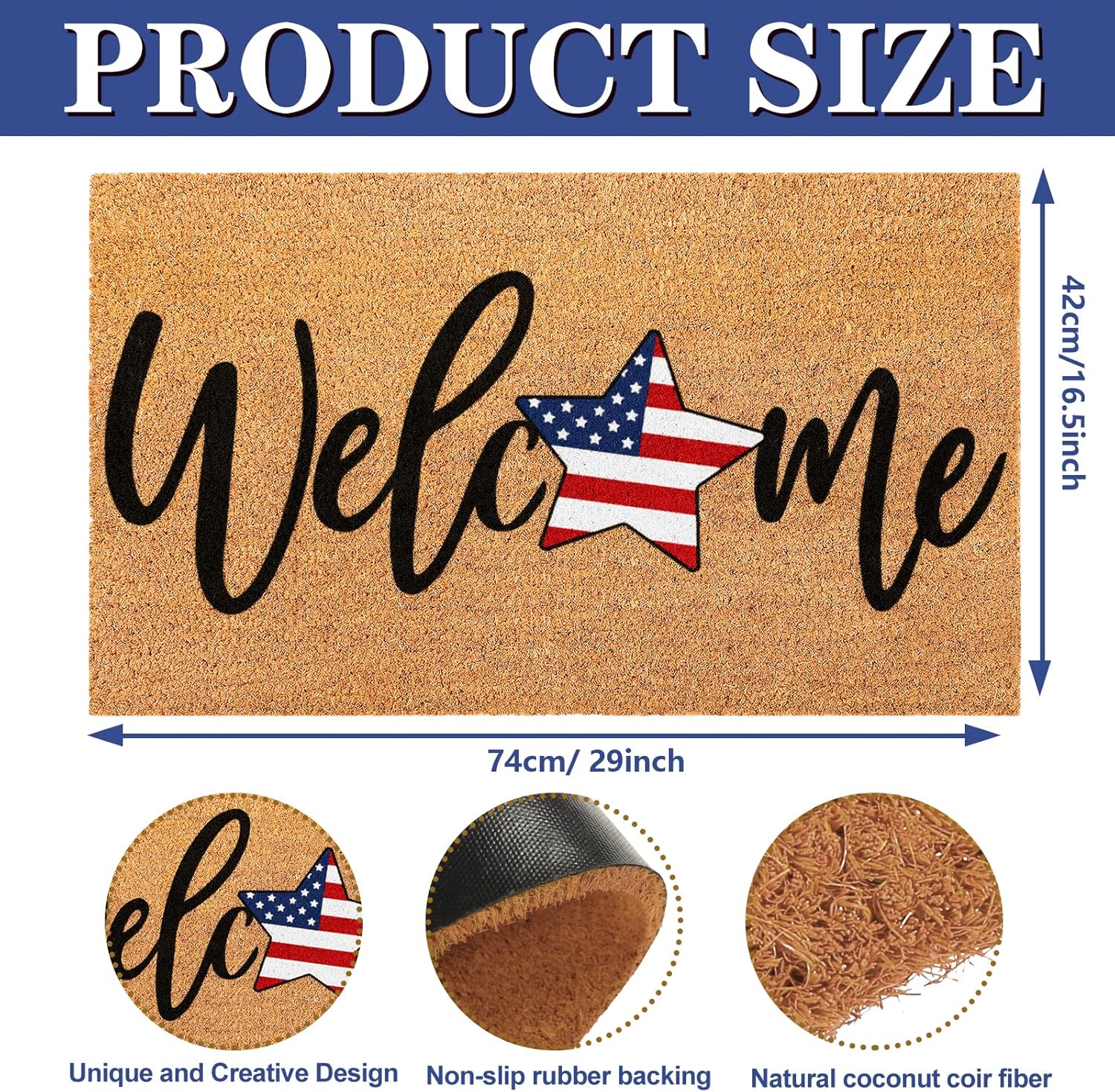 FYSUIMU Patriotic Natural Coir Door Mat 4th of July American Flag Star Welcome Doormat Non-Slip Entrance Door Rugs for 250th Anniversary Independence Day Home Decor, 16.5 x 29 Inch
