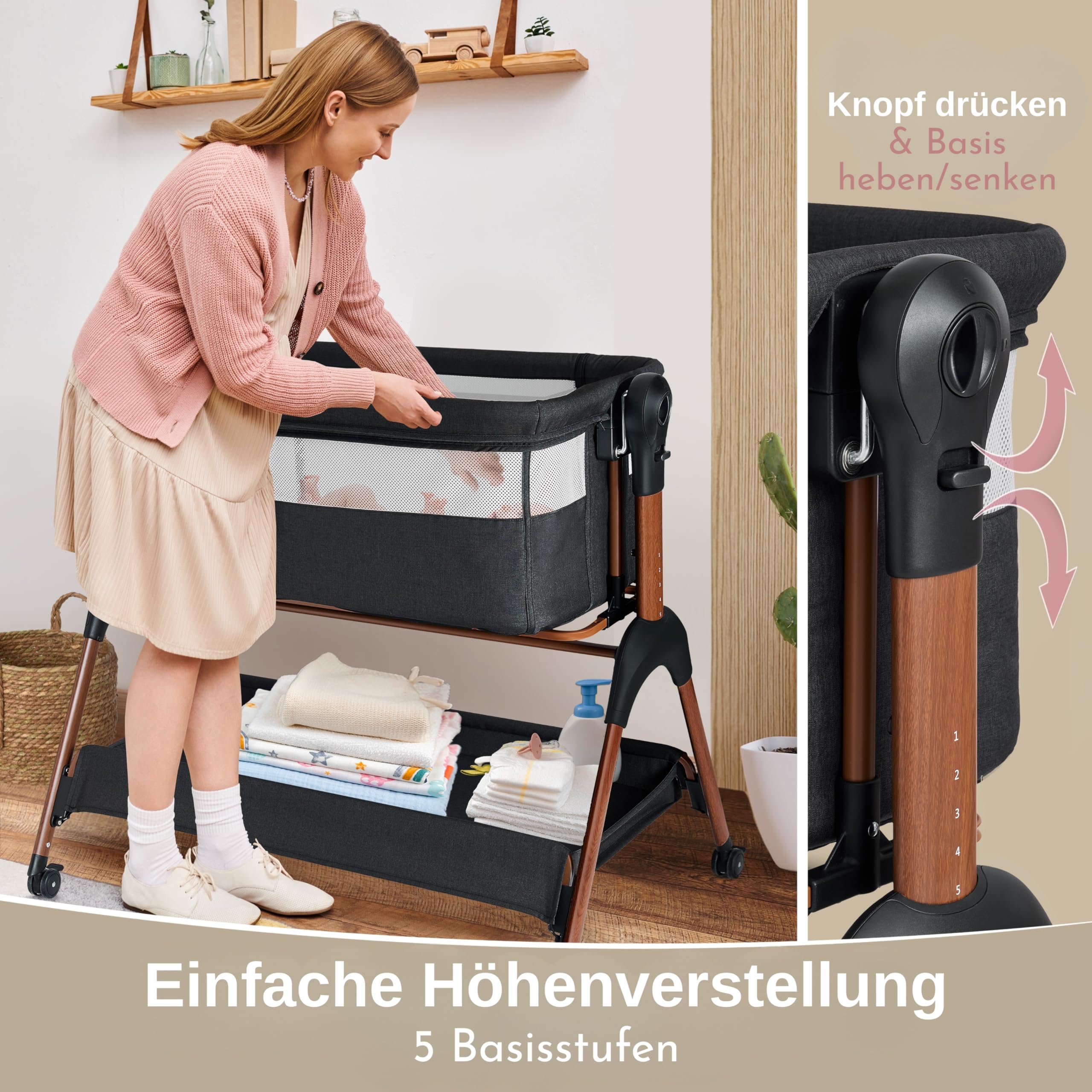 LullaBee Beistellbett & Baby Co-Sleeper – 6 Höhenstufen, Schaukel­funktion, Rollen, gesteppte Matratze, Mesh-Seiten mit Moskitonetz, faltbares Bett mit Tragetasche (0–6 Monate) – Schwarz/Braun
