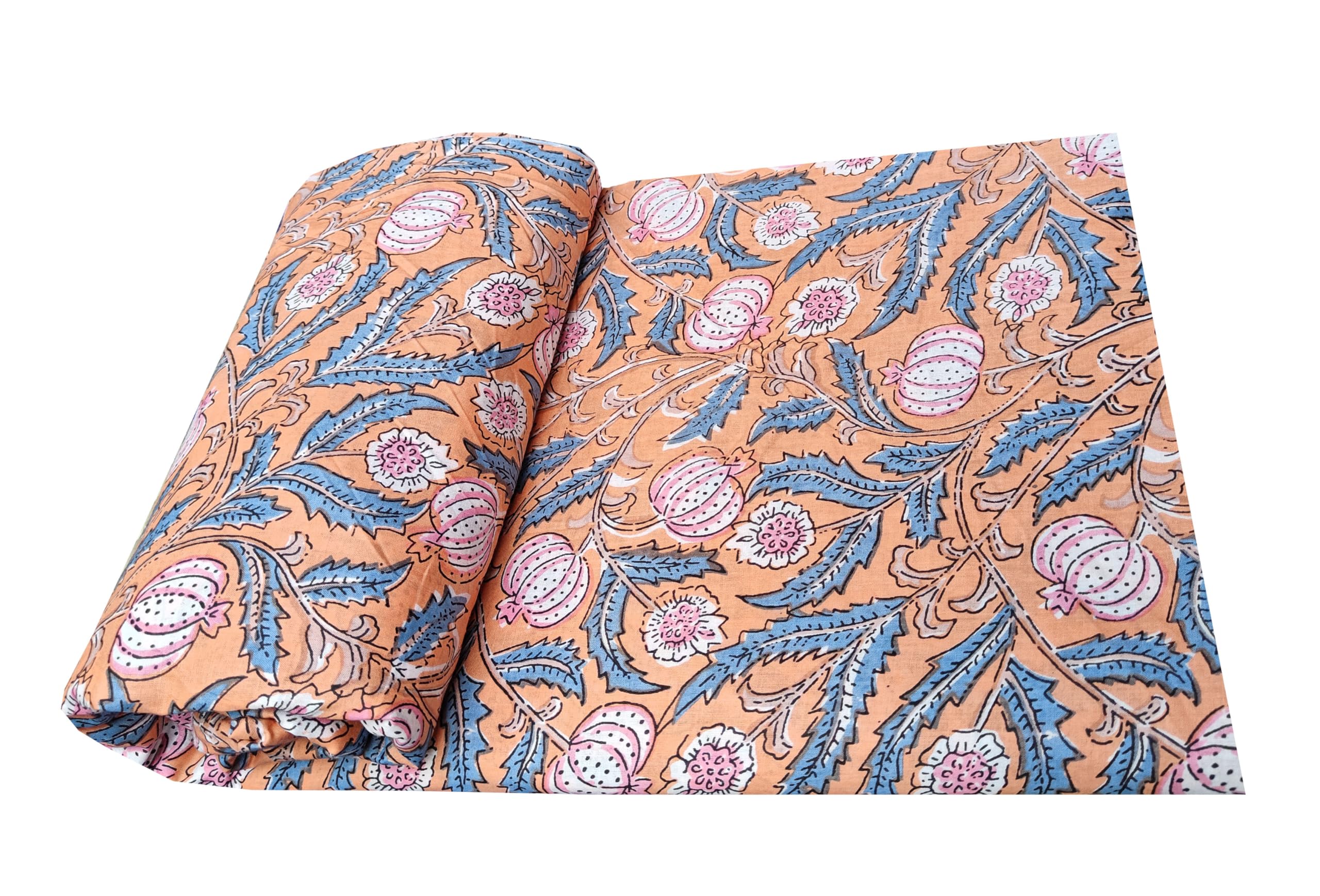 Printed Cotton Cloth Orange Floral Materiel Natural Running Fabric Jaipuri Hand Block Printed Women Dress Material Kurtis Natural 43" Inches Width (1 Meter)-image-23