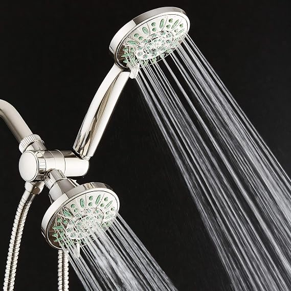 AquaDance Antimicrobial/Anti-Clog High-Pressure 30-setting Shower Combo, Microban Nozzle Protection from Growth of Mold, Mildew & Bacteria for Stronger Shower! Brushed Nickel Finish/Coral Green Jets