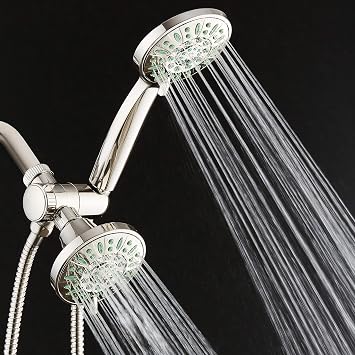 AquaDance Antimicrobial/Anti-Clog High-Pressure 30-setting Shower Combo, Microban Nozzle Protection from Growth of Mold, Mildew & Bacteria for Stronger Shower! Brushed Nickel Finish/Coral Green Jets