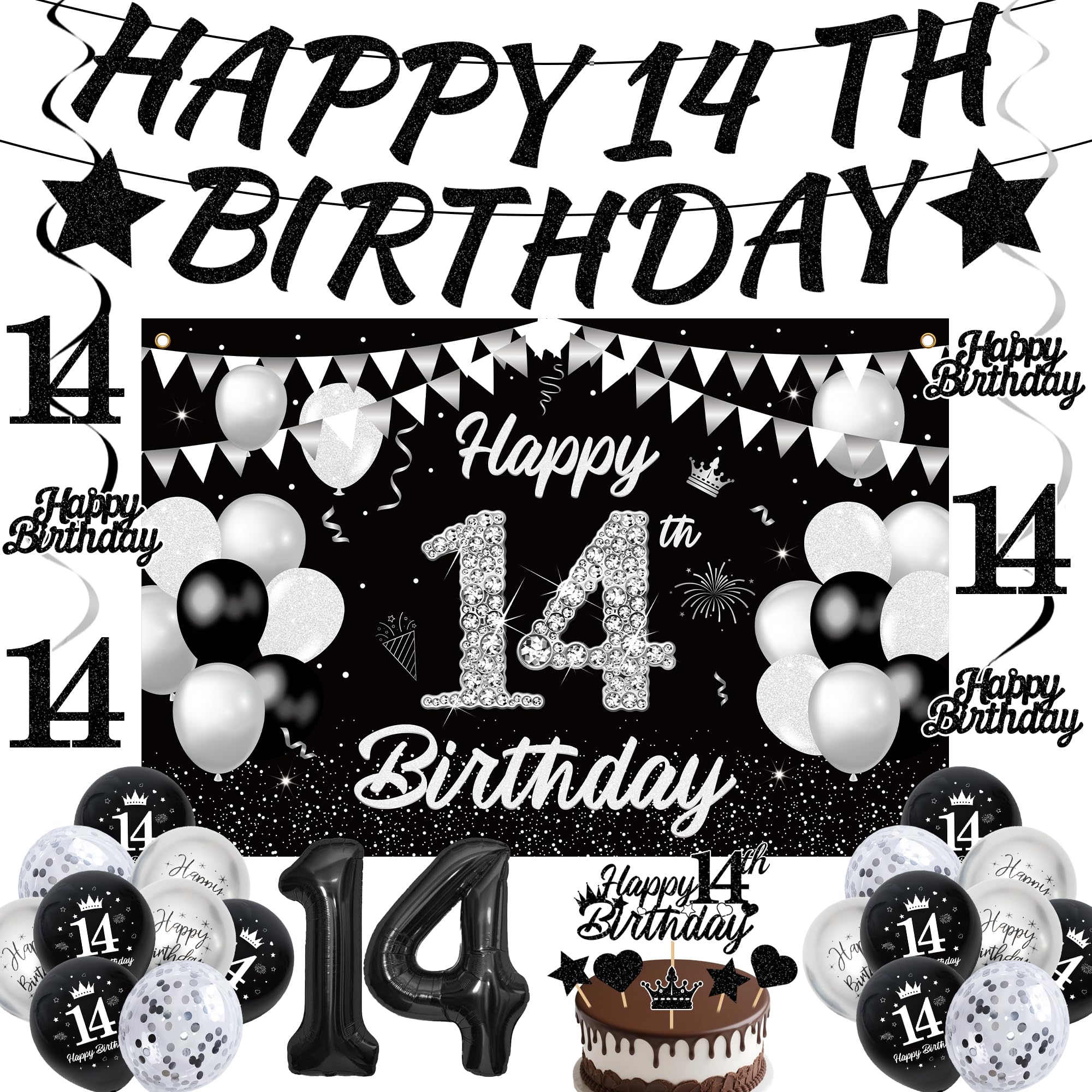 14th Birthday Decorations Boy Black - 30 Pcs Silver Party Decorations including Happy 14th Birthday Banner, Backdrop, Hanging Swirls and Number 14 Balloon for Boys 14 Years Old Party Supplies