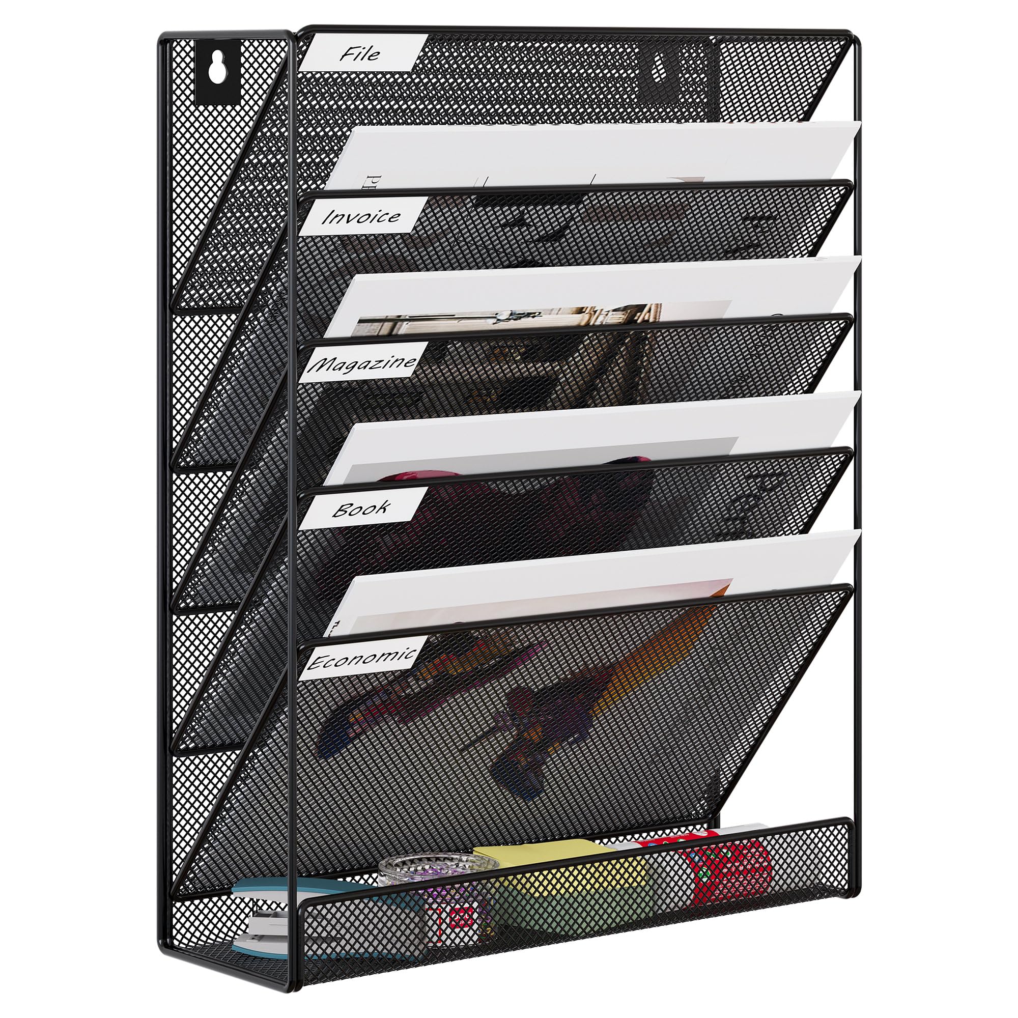 EasyPAG 5 Tier Wall File Holder, Mesh Hanging Folder Organizer with Classify Label, Versatile Desk File Holder, Vertical Wall Mounted Mail Organizer for Office Home Cubicle, Black