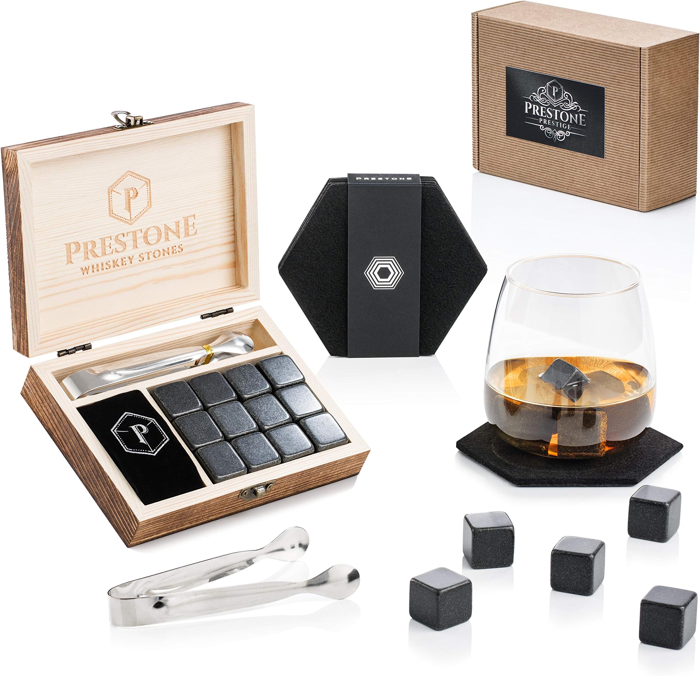 Premium Whiskey Stones Gift Set | 12 Polished Granite Reusable Ice Cubes | Complete Luxury Handcrafted Set with Coasters