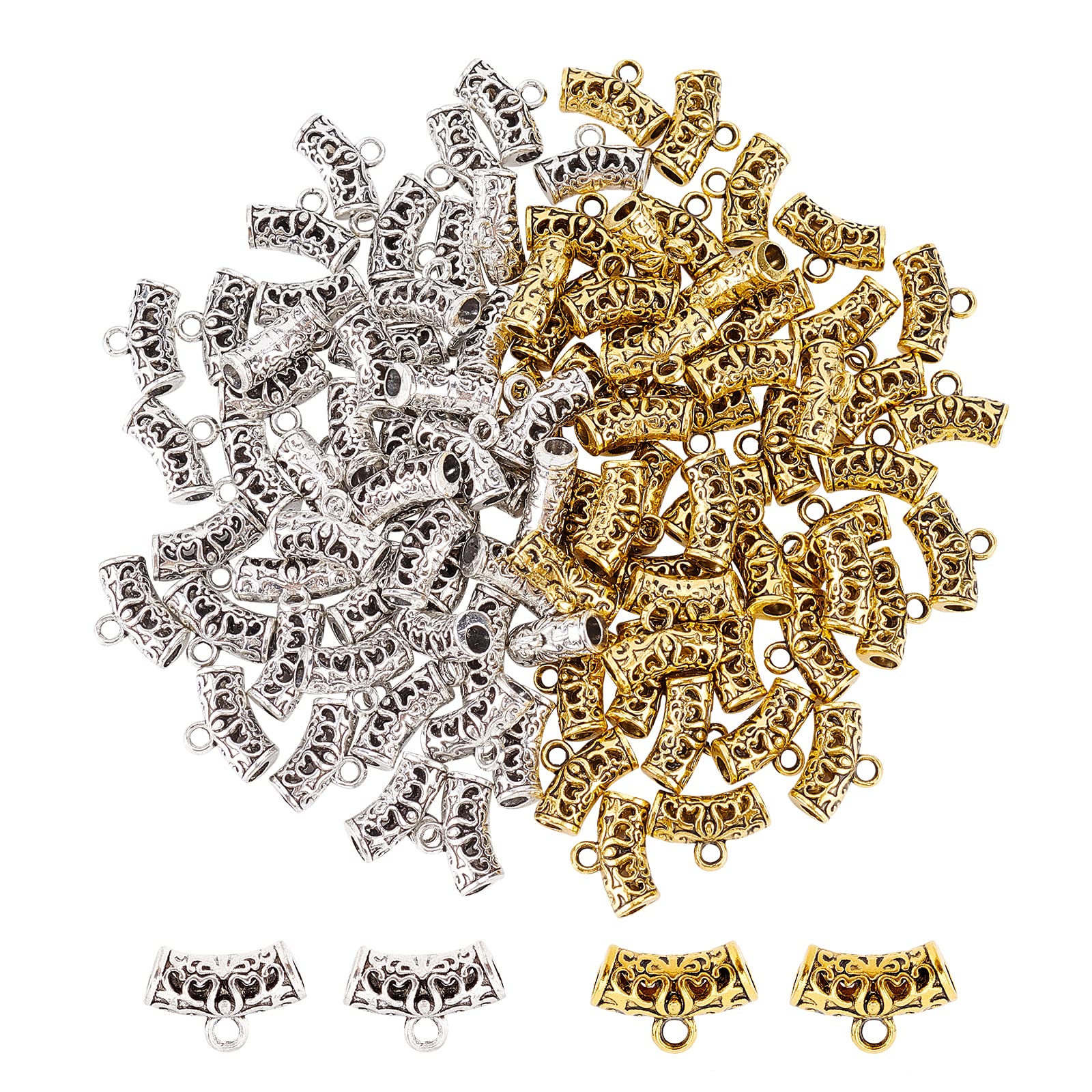 SUPERFINDINGS - 100 Pezzi Perline Tubo Curvo In Lega, 2 Colori (Oro Antico E Argento Antico), Con Foro Da 2 Mm Per Gioielli Fai-Da-Te - 3