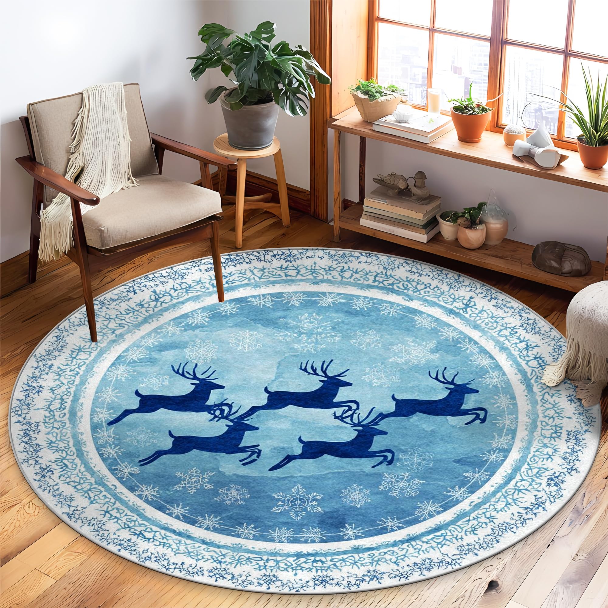 Tapis rond bleu pour chambre à coucher au motif festif de renne d'hiver