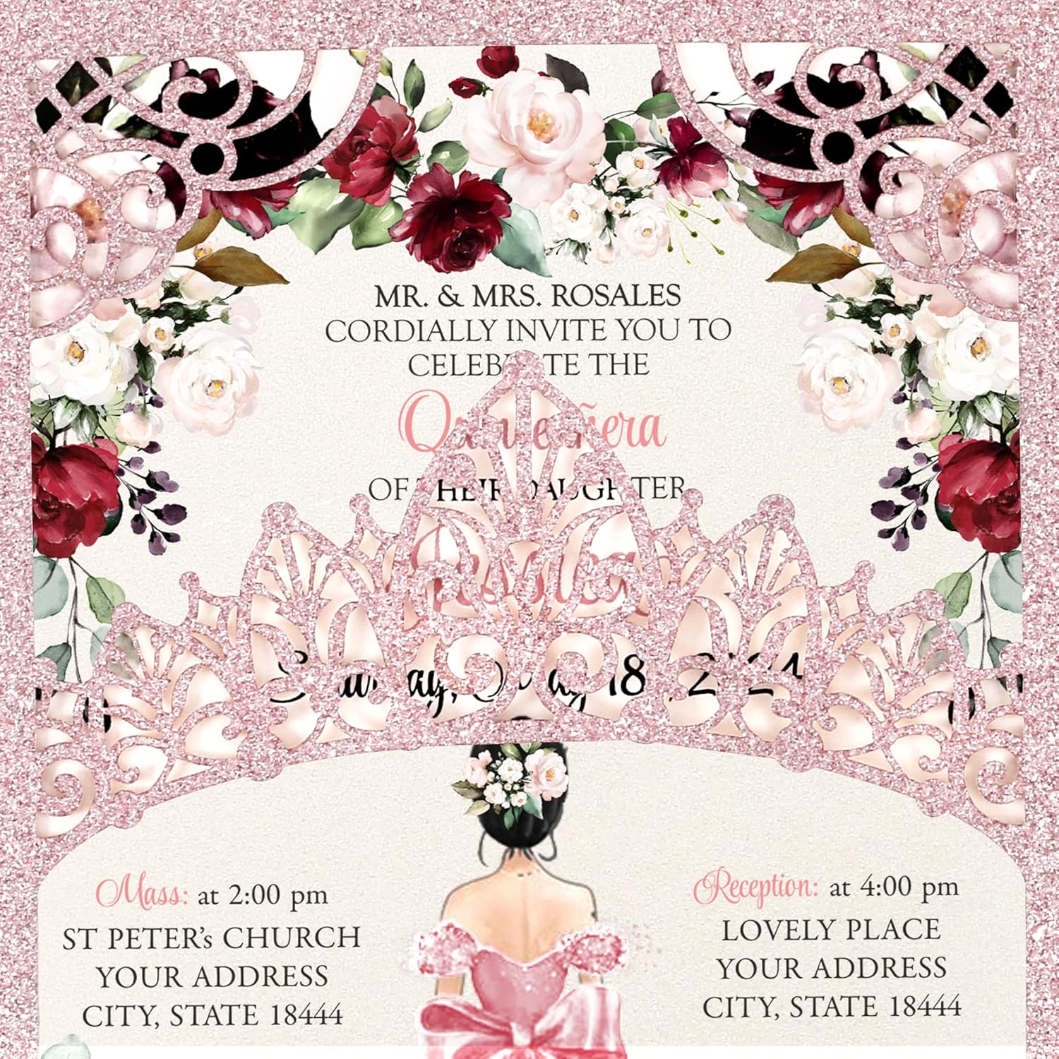 5x7.2 inch 50PCS Blank Rose Gold Glitter Quinceanera Invitations Kit, Laser Cut Hollow Crown Quinceanera Invitation Cards with Envelopes