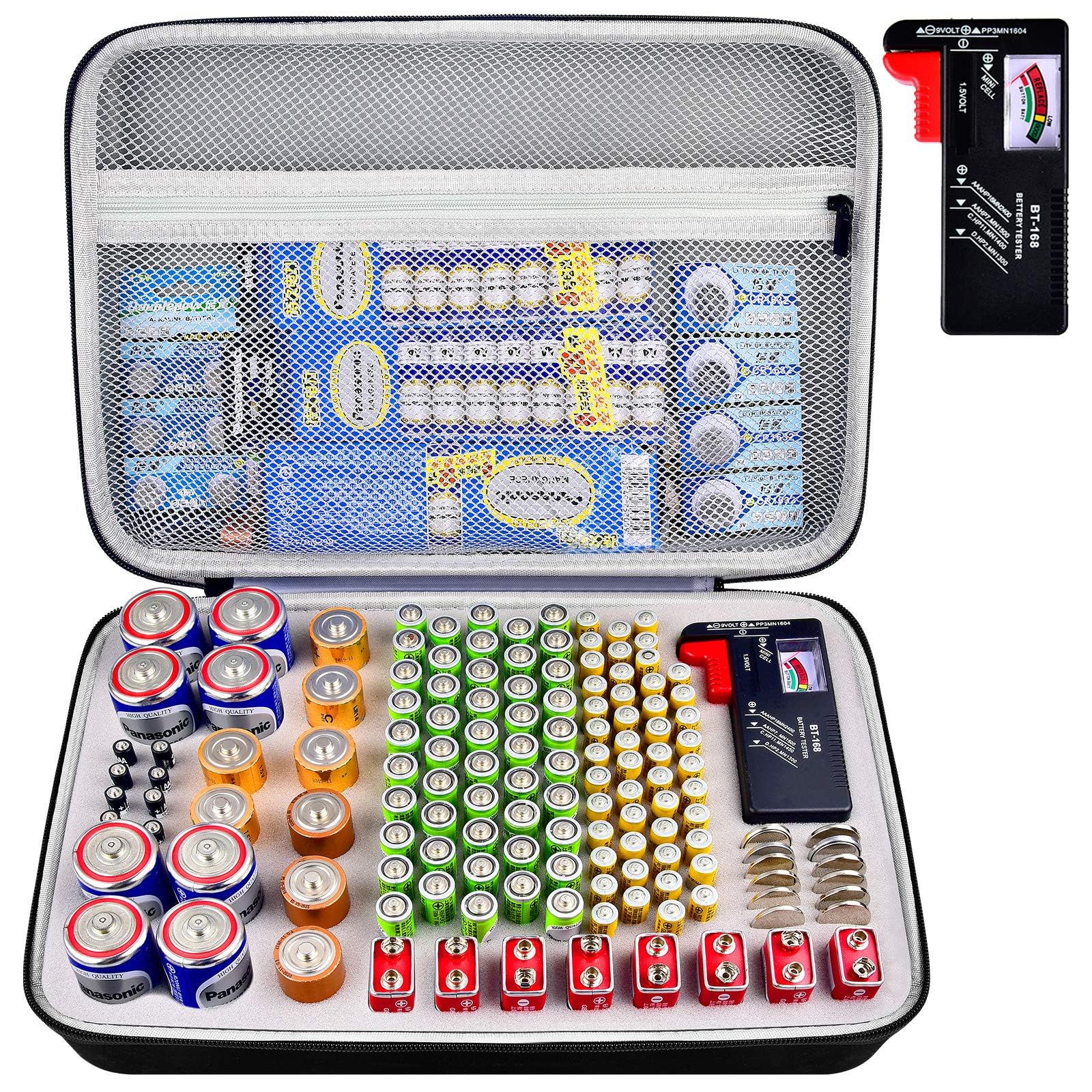 Battery Storage Organizer Box with Tester BT-168, Variety Case Holds 140+ AA, AAA, C, D, 9V, Lithium 3V Button Batteries- Not Includes Batteries(Grey)
