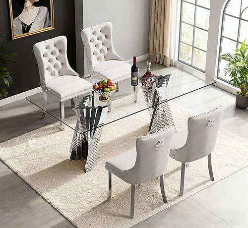 Miniatura 38 de Juego de 5 mesas de comedor de cristal plateado, mesa rectangular moderna de cocina y comedor de 70 pulgadas para 4, mesa de comedor de vidrio Mesa