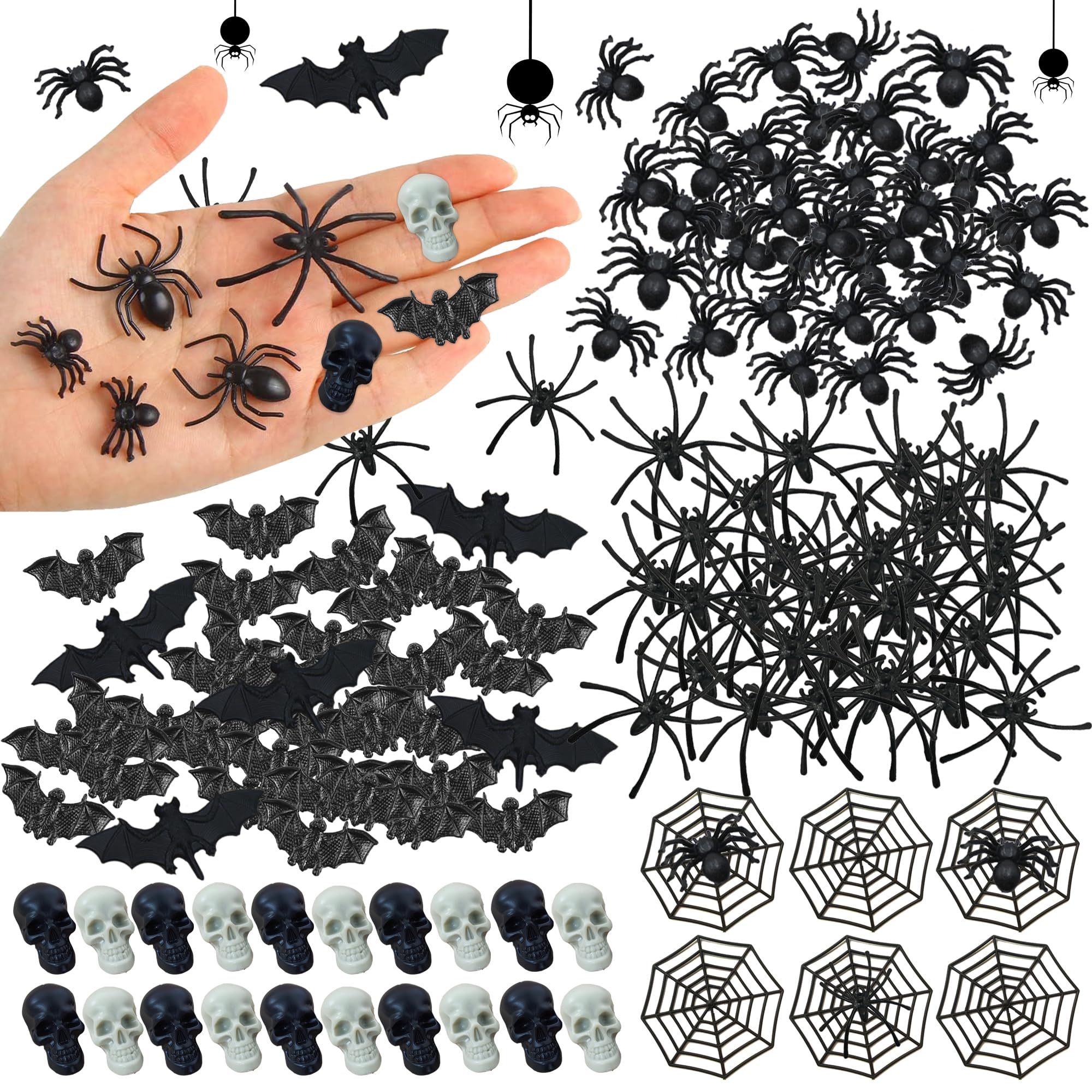 DRWATE Halloween Plastic Bats Spiders Skull Head 150PCS Mini Bats Spiders Skull Heads Spider Webs for Halloween Decorations Creepy Scary Prank Toys Plastic Insect Toys Halloween Miniatures (Bats)