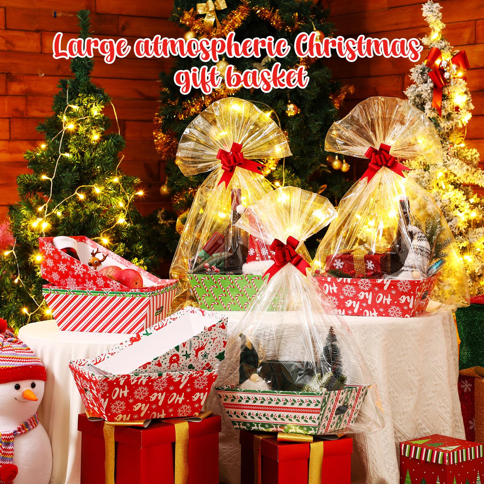 Cholemy Confezione da 12 cesti regalo natalizi vuoti da 30 x 25 x 10 cm, include 12 cesti regalo in cartone con manici, 12 sacchetti avvolgenti, 12 fiocchi da tirare per Natale, matrimoni, anniversari