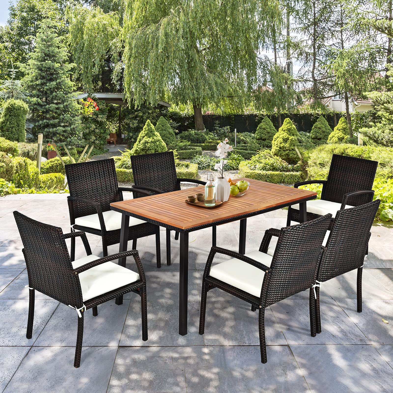GOPLUS - Mesa de jardín al aire libre, mesa de comedor de madera con agujero de sombrilla, ideal para terraza, patio, piscina, 140 x 75 x 76 cm