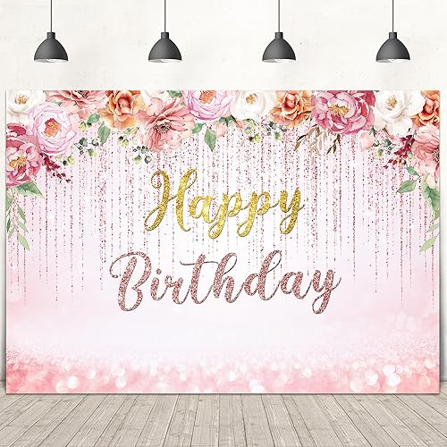 LIGHTINHOME Telón de fondo de feliz cumpleaños para mujer, fondo de cumpleaños de flores rosas para niñas, 7 pulgadas de ancho x 5 pies de alto,