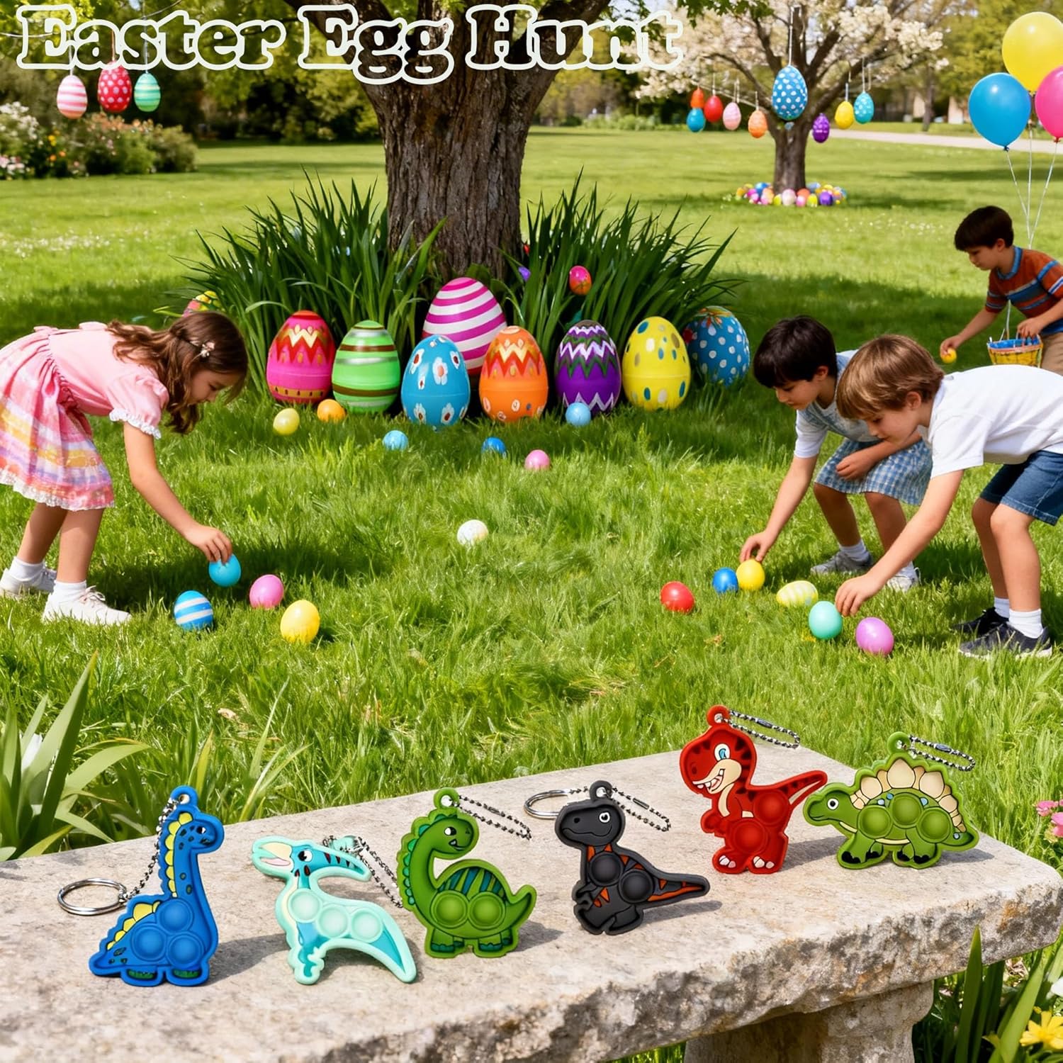 24 Pack Prefilled Easter Eggs with Dinosaur Pop Keychain Toys for Egg Hunt Easter Party Favors for Kids Boys Girls Easter Basket Stuffers